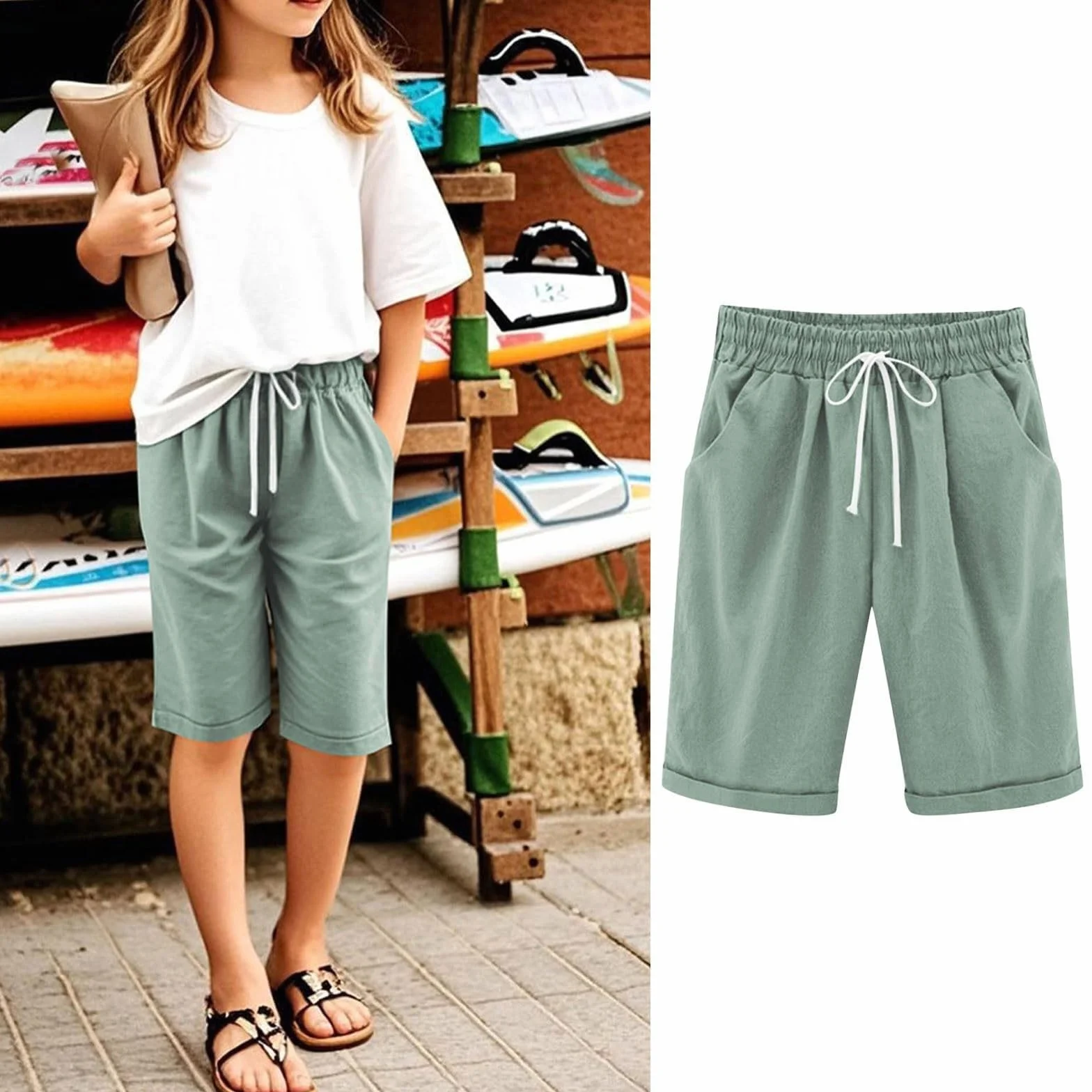 Berme pour fille avec poches pour yoga, marche, athlétisme, short long pour enfants, longueur genou