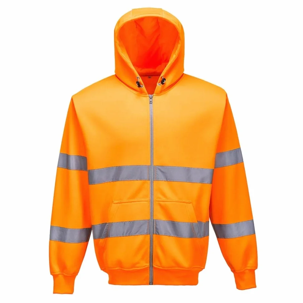 Portwest B305 Sweat Zip Capuche Ouverture Frontale Zippée Ourlet Bord Côte | Orange, L, EN ISO 20471 Classe 3, UPF 40+, Bande Réfléchissante, 2 Poches Latérales, Tissu Gratté, Fermeture Éclair