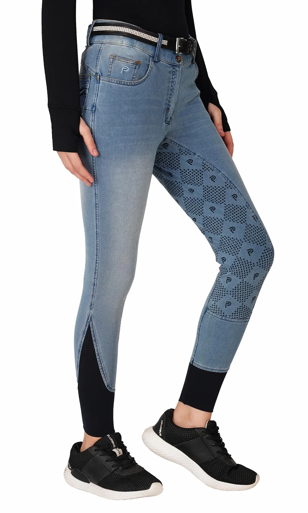 Preto Pantalon d'équitation en denim de qualité supérieure pour femme - Siège complet - Grip en silicone - Doux et extensible - Avec poches
