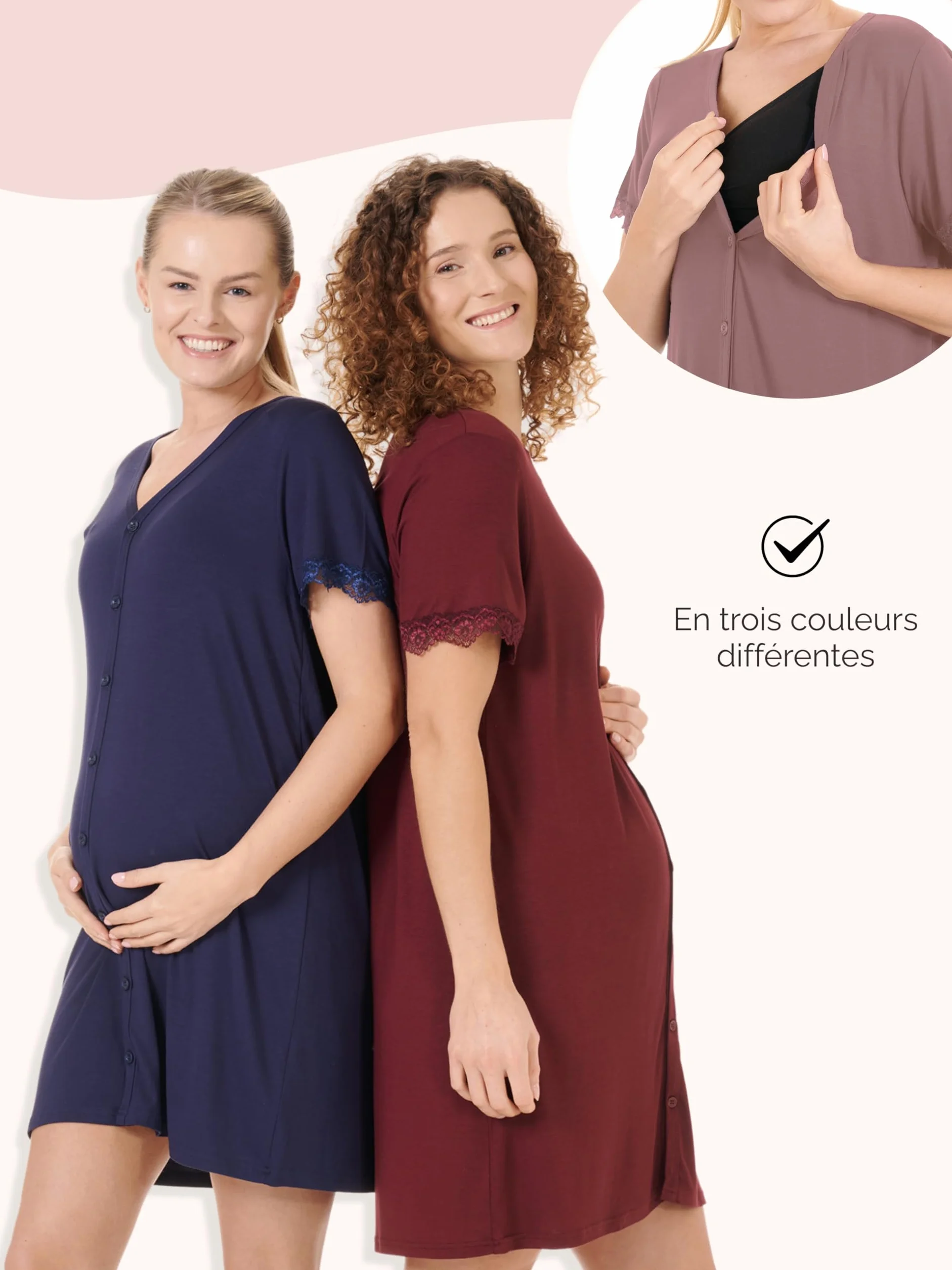 Herzmutter Chemise de Nuit d'allaitement - Chemise de Nuit Maternité Femme Grossesse - avec Boutons - Robes Grossesse Allaitement - Manches Courtes avec Dentelle - 2850