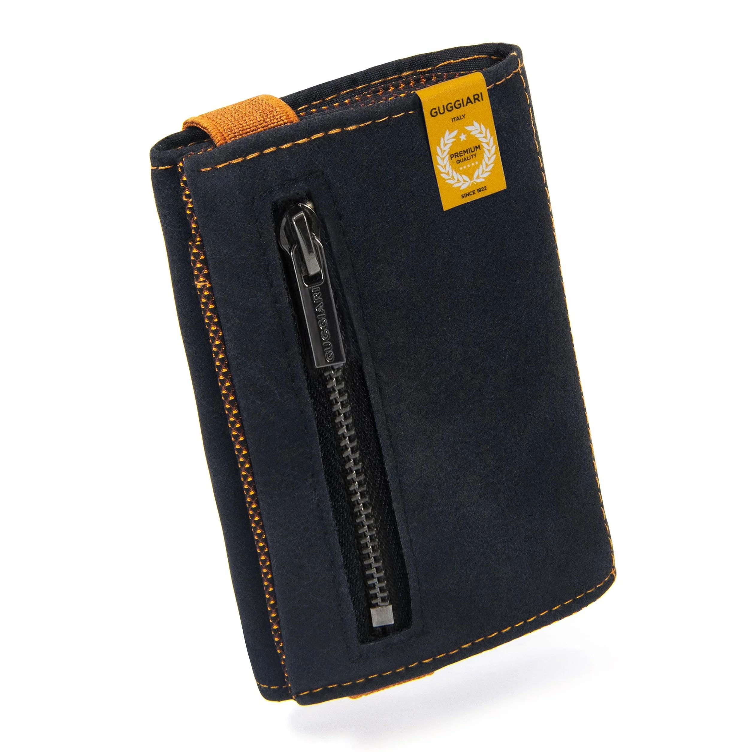 GUGGIARI® Porte Cartes de Crédit Anti-RFID avec Elastique, Poches à Pièces et Billets - Portefeuille 4 Volets pour Hommes - Compact et Fin avec Poche pour Monnaie
