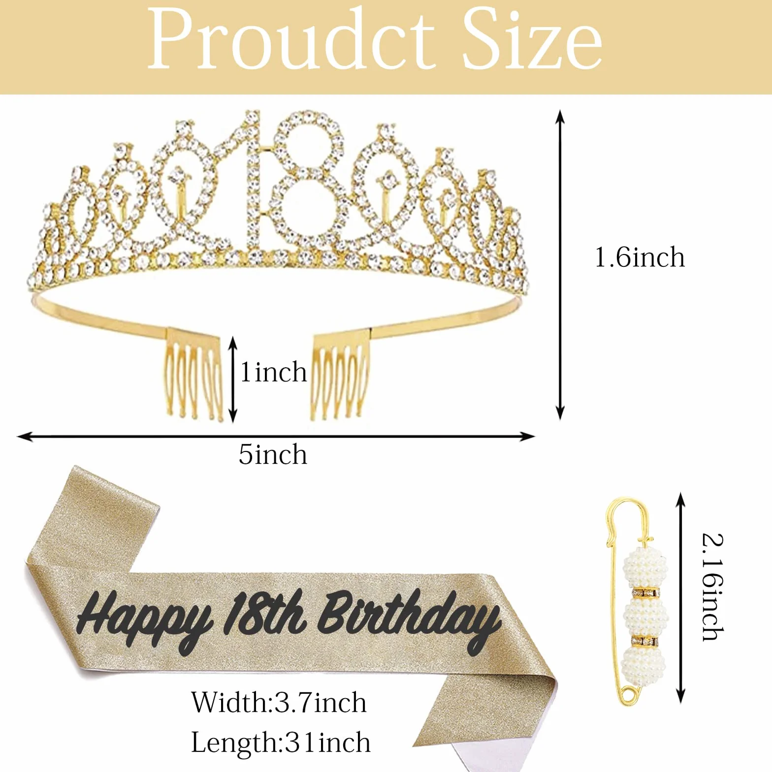 POPOYU Couronne Echarpe Diadème Femme, Tiara en Cristal pour Fête et Anniversaire, Kit Cadeau 18 Ans Fille (Or)