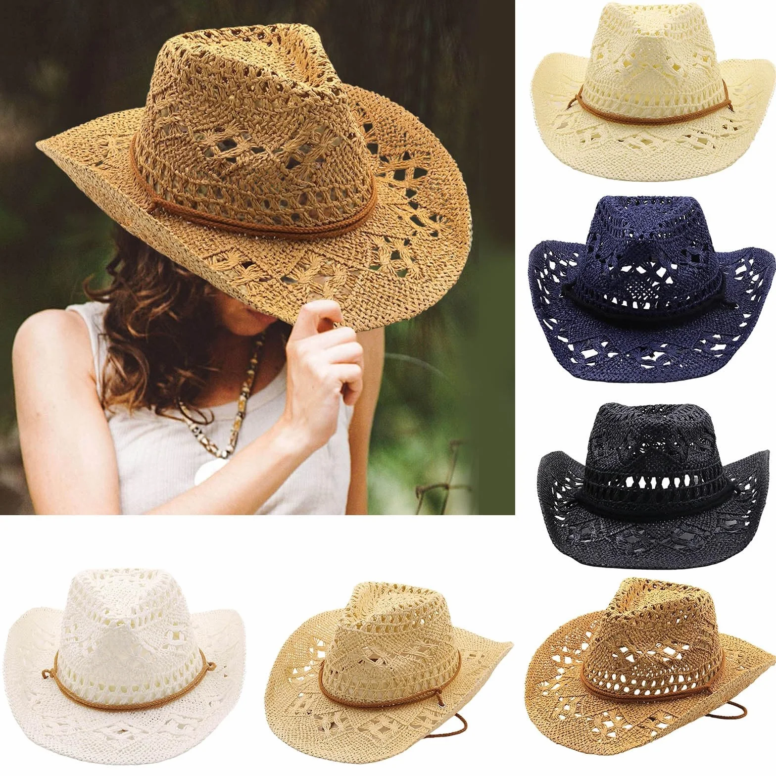 Chapeau de Cowboy en Paille Panama tissé à la Main à Large Bord