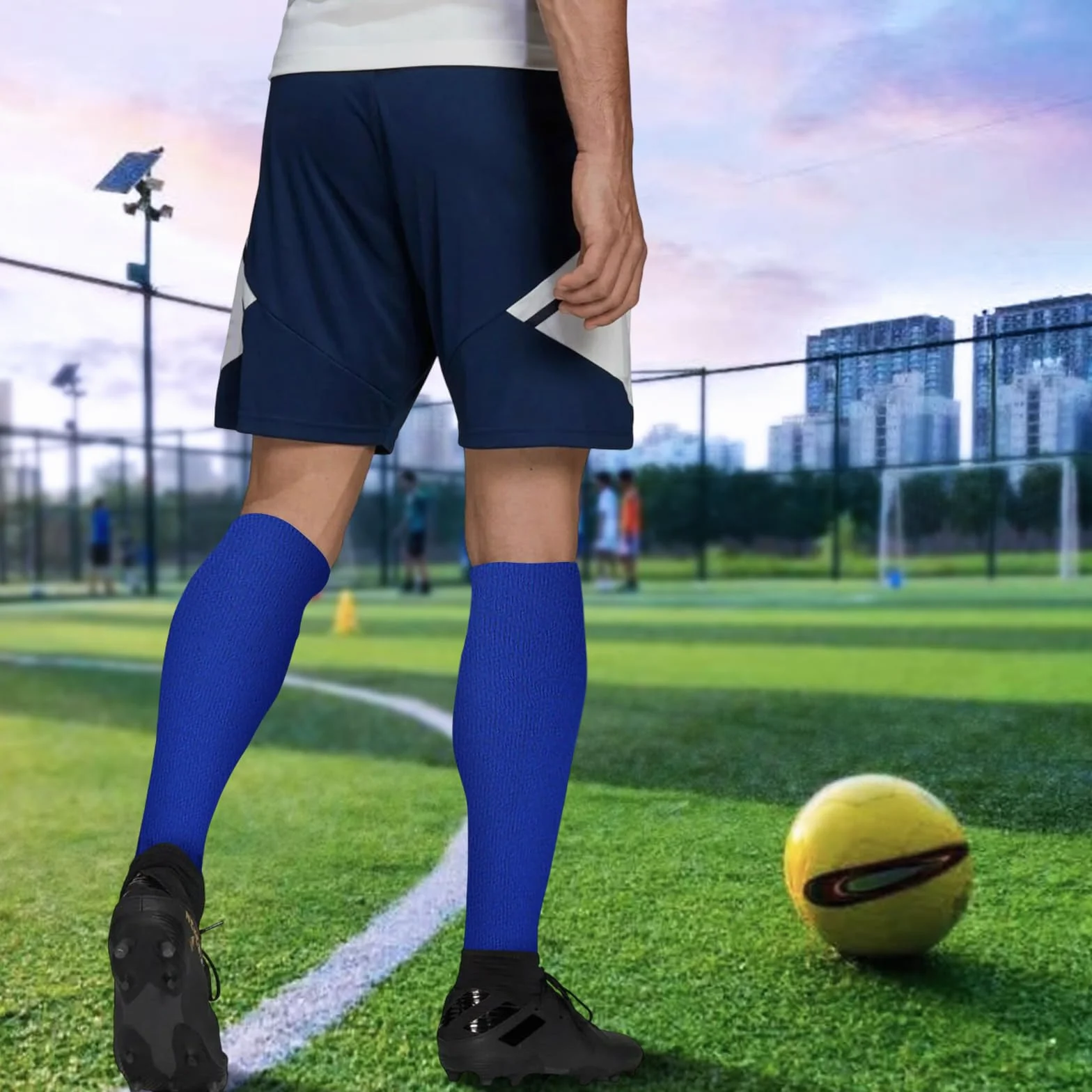 SKHAOVS 2 Paires Chaussettes de Football pour Garçons Filles - Bleues, Sports Hautes d'Entraînement de Rugby Basket - 5 à 12 Ans