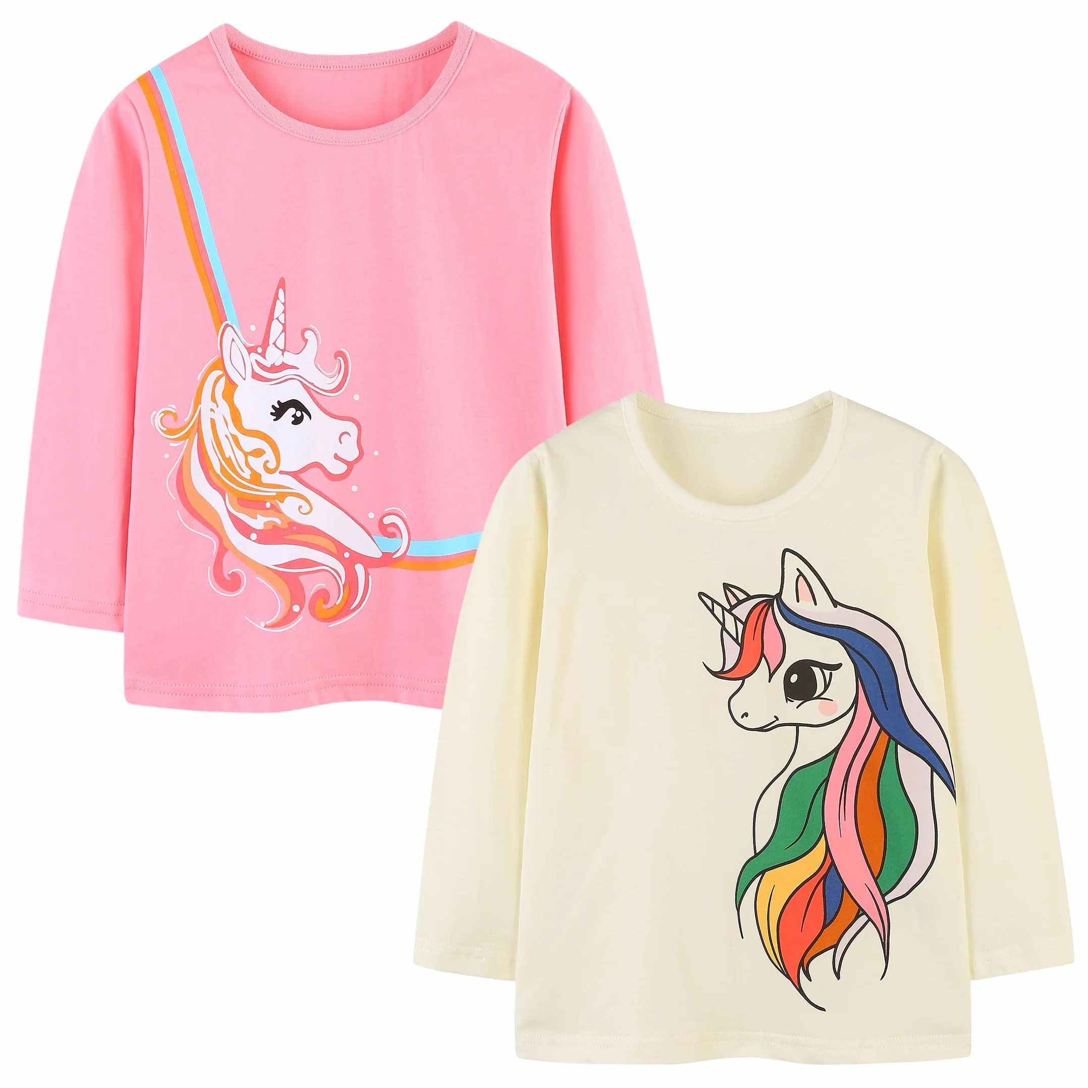 T-Shirt à Manche Longue Filles Tee Shirt Enfant Fille Lot de 2 in Cotone Imprimé Licorne pour Enfants 3-9 Ans