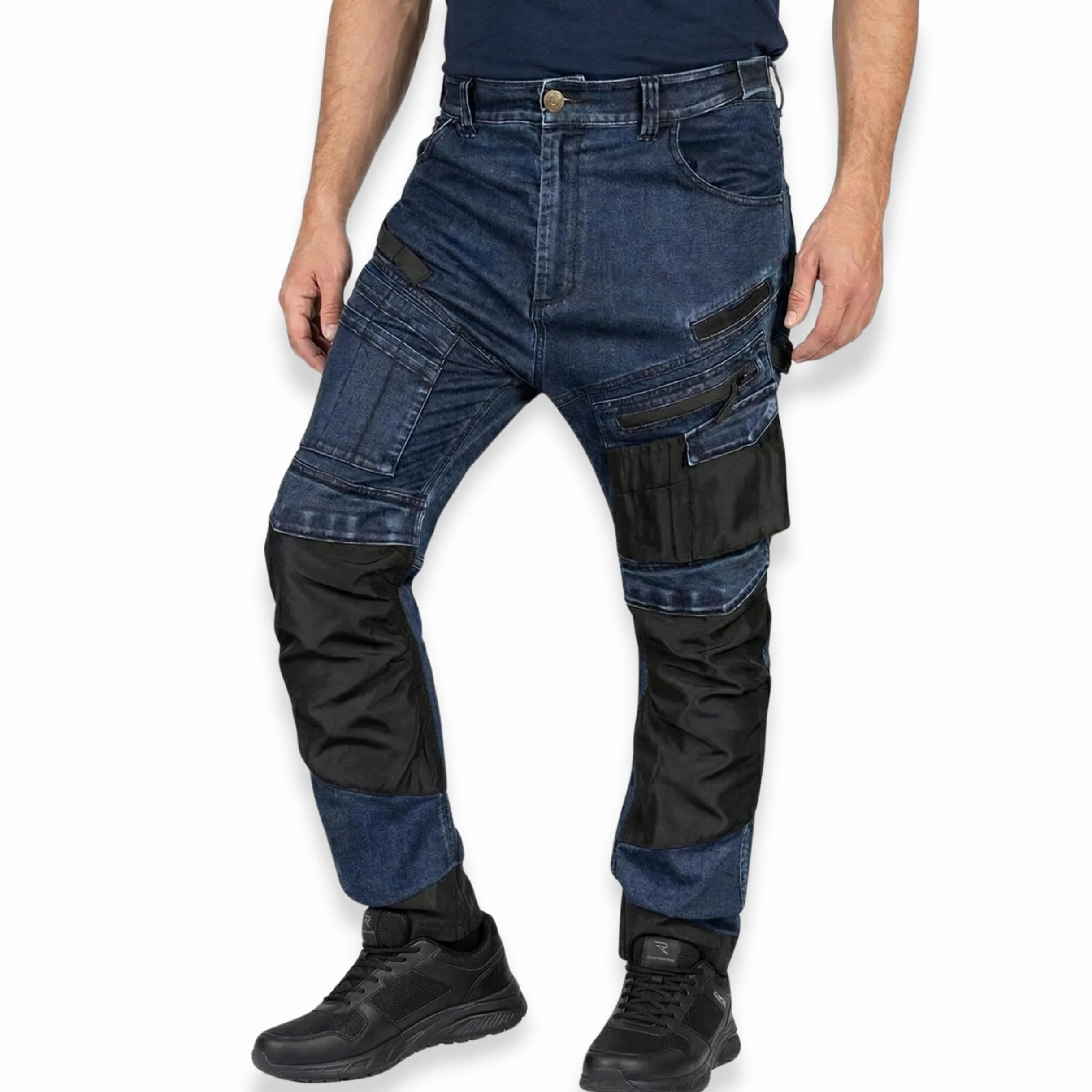 NEO TOOLS Pantalon de travail en jean robuste - Pantalon résistant pour homme en denim, 400 g/m², avec poches genouillères, renforts Oxford et stretch