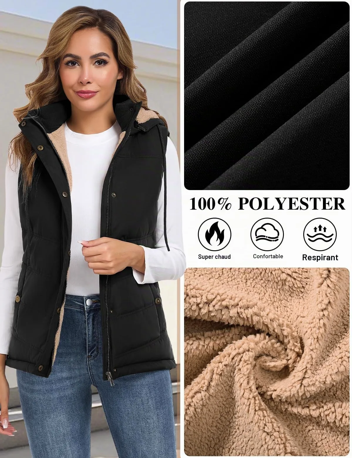 Tuopuda Manteau Femme sans Manche, Veste sans Manche Polaire Chaud Automne Hiver Gilet sans Manche à Capuche Amovible Hooded Coat Zippée Waistcoat avec Poches