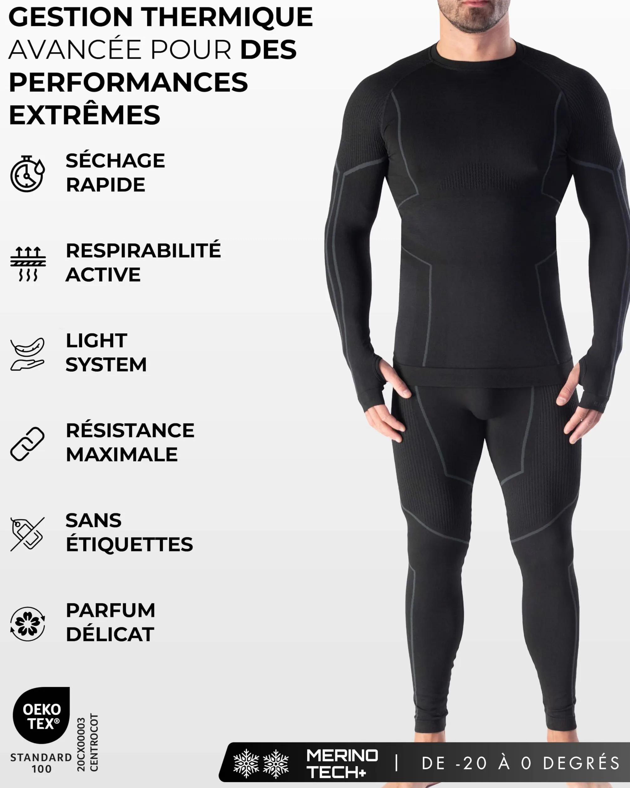 Risalti sous Vetement Thermique Homme Laine Merino Tech – Ensemble Thermique Homme Hiver avec Haut Et Collant en Laine Mérinos Premium et Dryarn, Seamless, Respirant, Thermorégulant – Made in Italy