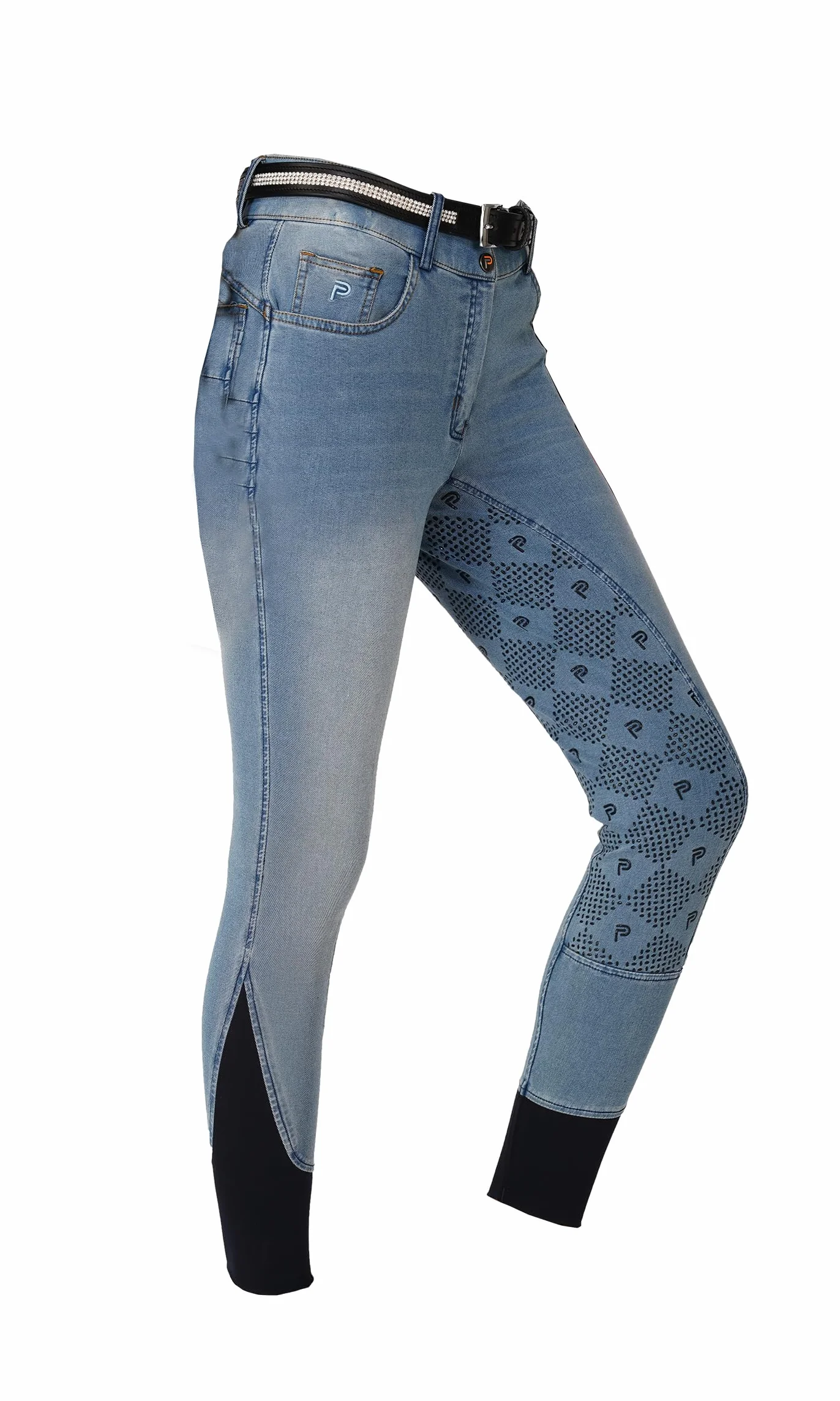 Preto Pantalon d'équitation en denim de qualité supérieure pour femme - Siège complet - Grip en silicone - Doux et extensible - Avec poches