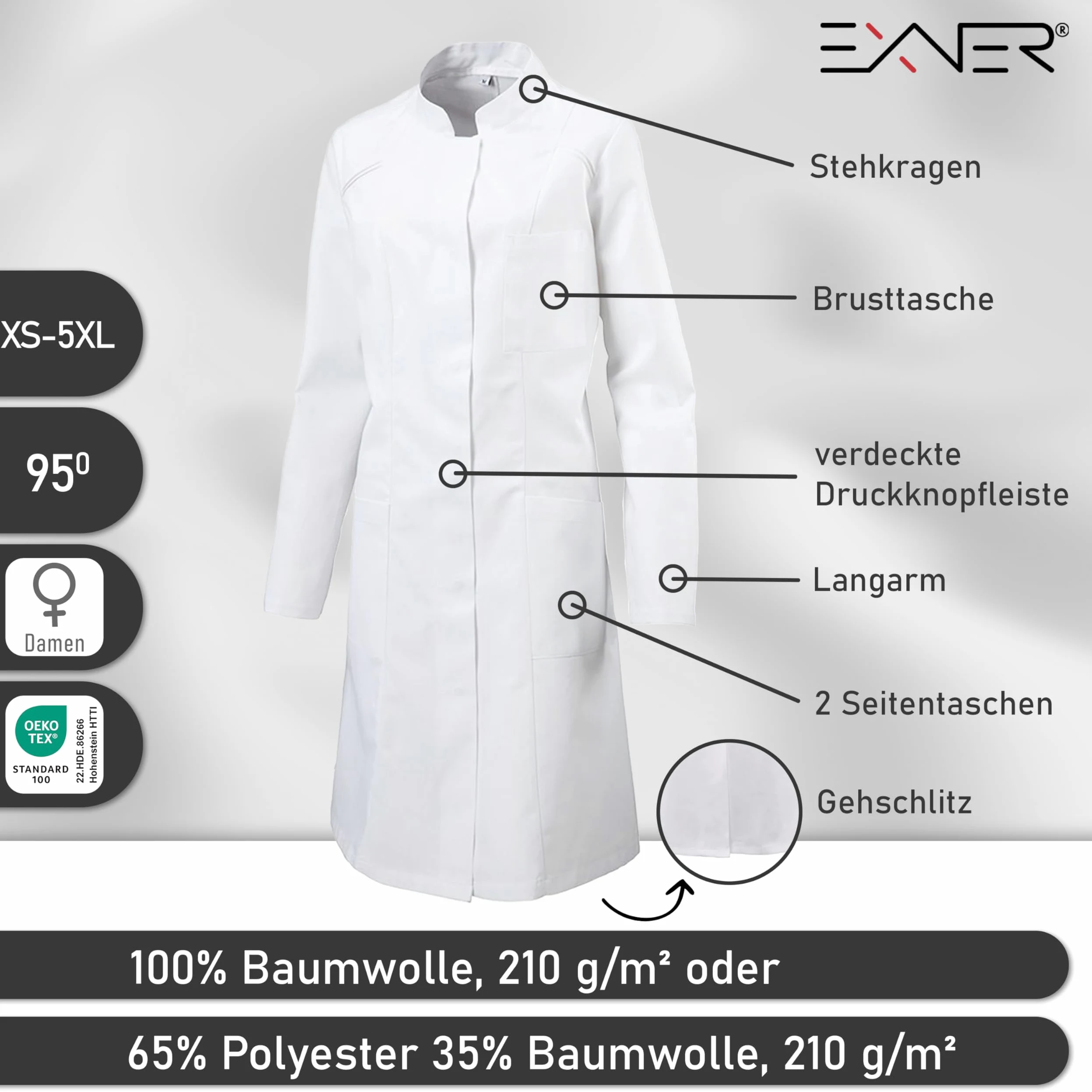 Exner Blouse de médecin pour femme - Blouse de laboratoire - Manteau de travail - Médecin - Blanc - Taille 5XL