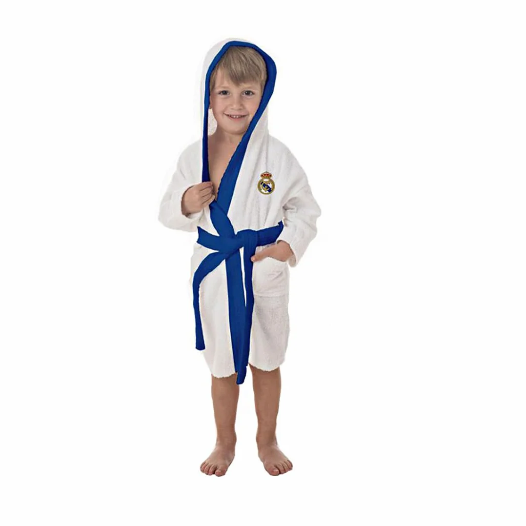 Peignoir Real Madrid avec Capuche pour Enfants et Ados – Robe de Chambre en Coton Doux, Idée Cadeau Football Supporters, Taille XXS, Blanc Éclatant
