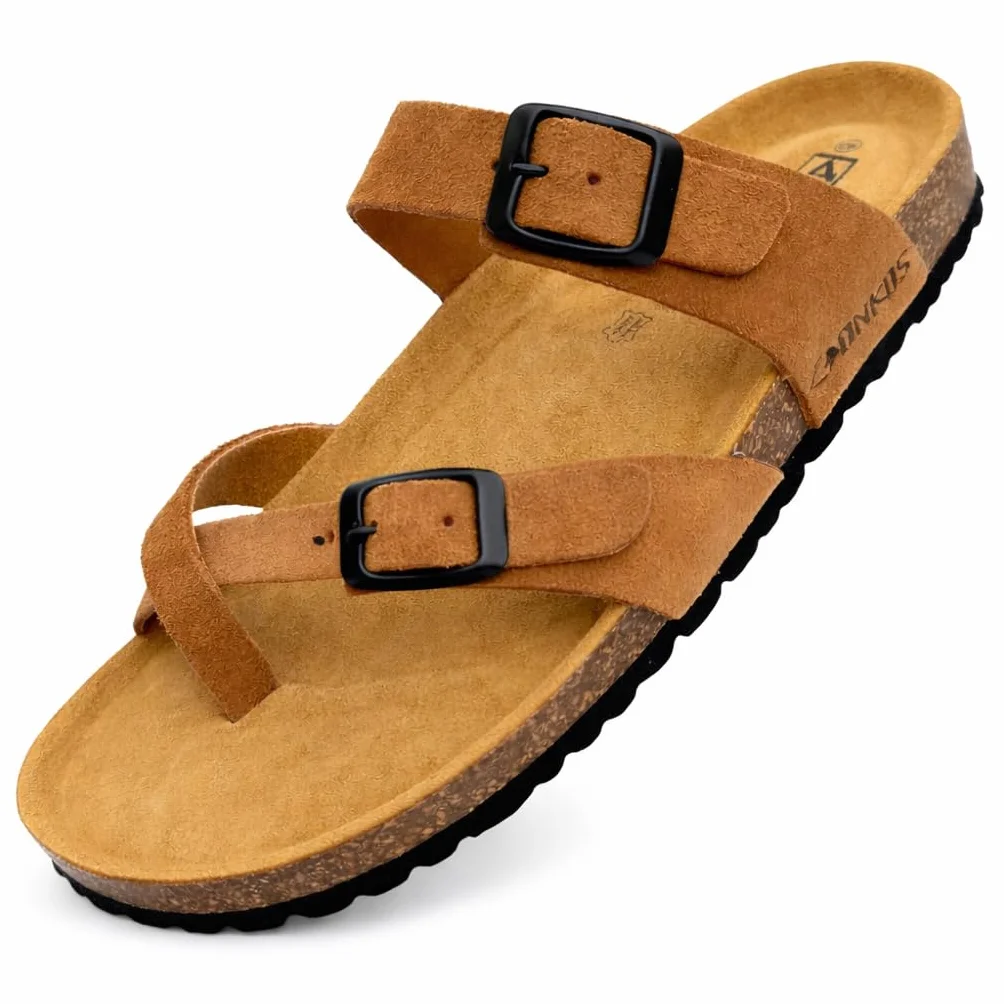 Sandales Tongs en cuir, Semelle intérieure anatomique en liège, Cuir véritable, Liège naturel, Boucle réglable, Tongs unisexe, Sandales de qualité fabriquées en Espagne