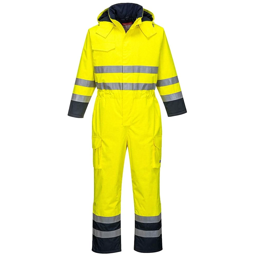 Portwest S775 Combinaison de pluie Bizflame Capuche Amovible Zippé Ignifuge | Jaune/Marine, XL, EN ISO 20471 Classe 3, EN ISO 14116, EN 1149-5, Panneaux Contrastant, Nombreuses Poches Très Utiles