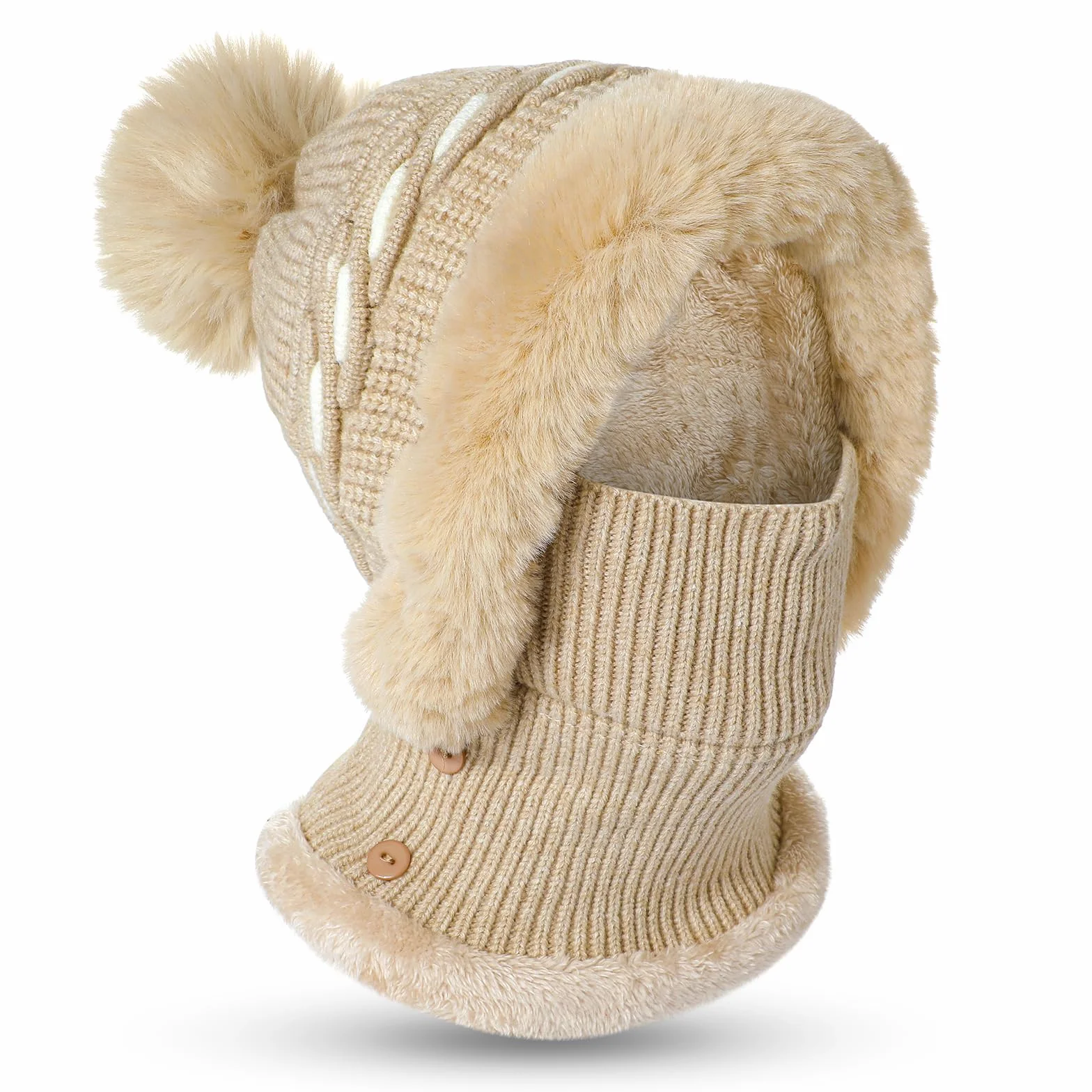 TAGVO Balaclava en Tricot avec Cache-Cou Masque Facial Réglable pour Les Femmes, Hiver Chaud Tricoté Bonnet Et Ensembles De Cache-Cou, Cagoule Tricoté Cache Cou Cache Oreille avec Pompon