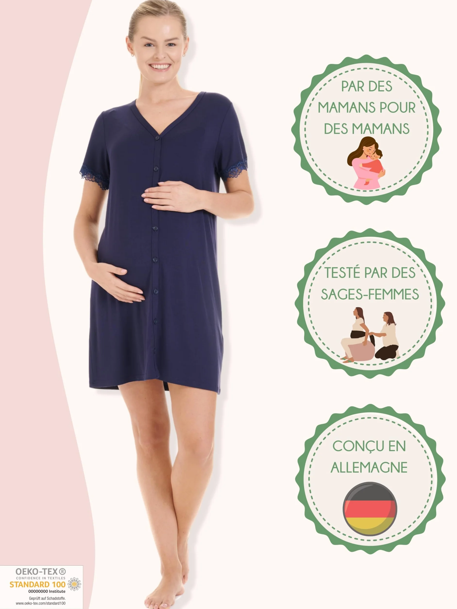 Herzmutter Chemise de Nuit d'allaitement - Chemise de Nuit Maternité Femme Grossesse - avec Boutons - Robes Grossesse Allaitement - Manches Courtes avec Dentelle - 2850