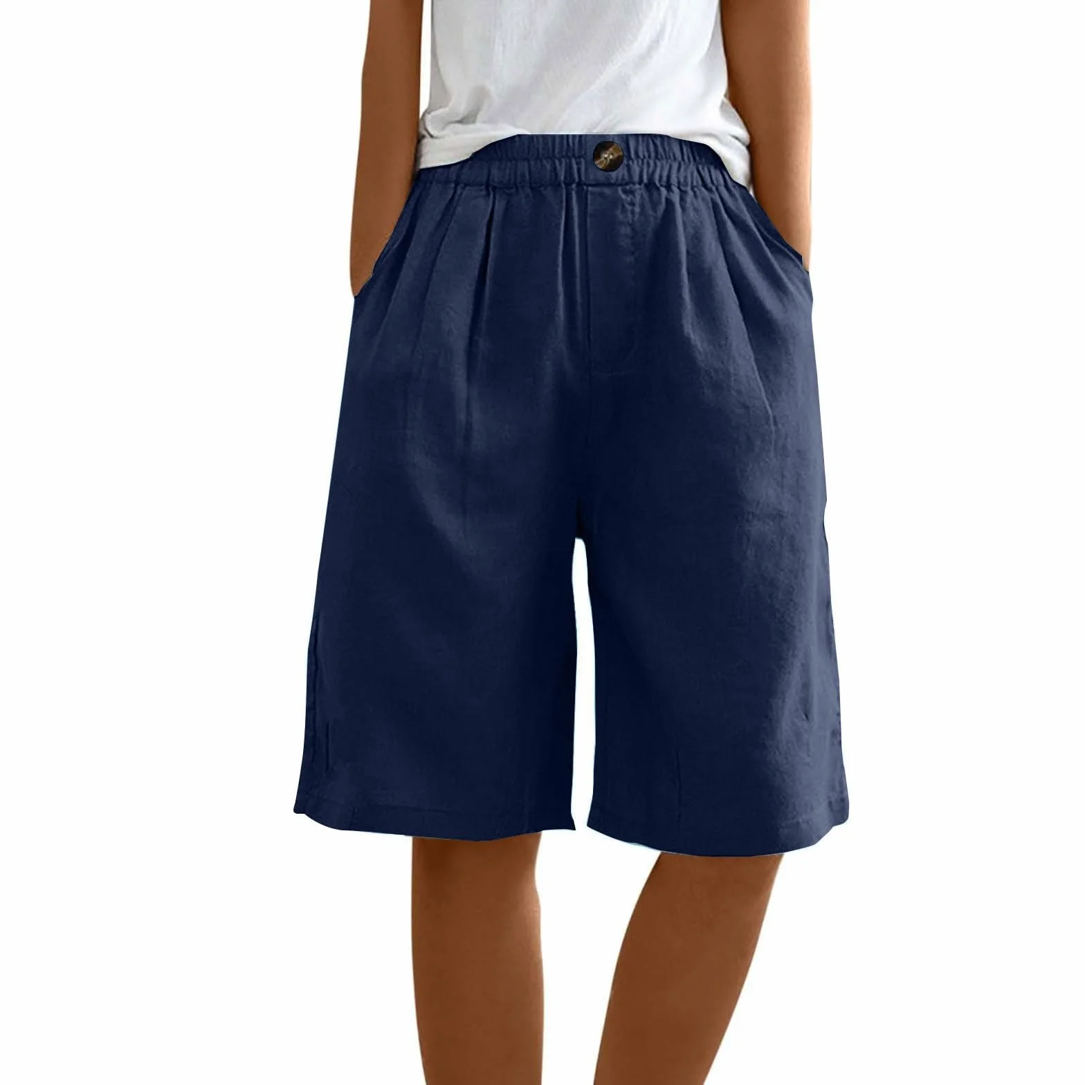 Pantalons Courts Femme Été Blanc Lin Bermuda Grande Taille avec Poches