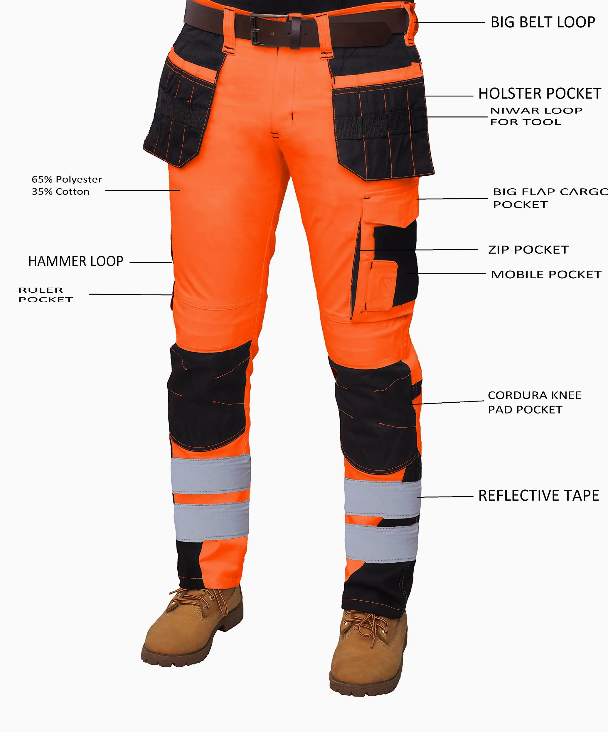 Pantalon de travail haute visibilité pour homme - Haute visibilité - Doux et résistant - Plusieurs poches - Facile d'entretien - Bande réfléchissante