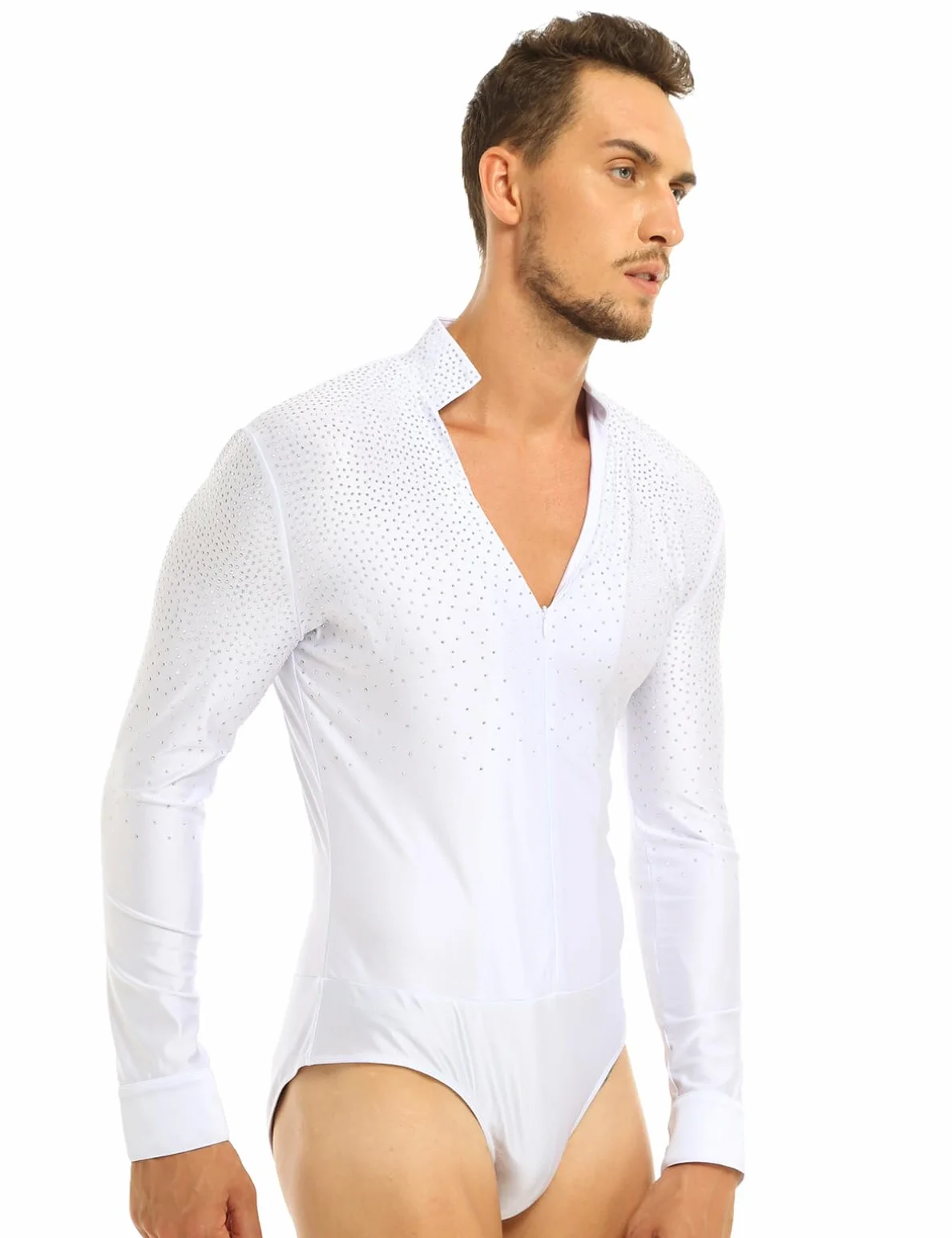 iiniim Body Chemise De Danse Manche Longue Col V Homme Justaucorps Danse Latine Tango Rumba Strass Shirt Leotard Dance Ballroom Bodysuit Soirée Bal Fête M-XXL