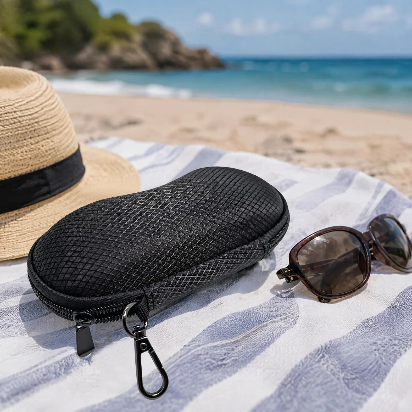 Étui à lunettes rigide portable avec mousqueton | EcoGleam Lot de 6 étuis à lunettes en mousse noire avec mousqueton en polyuréthane pour lecture, conduite, lunettes de soleil