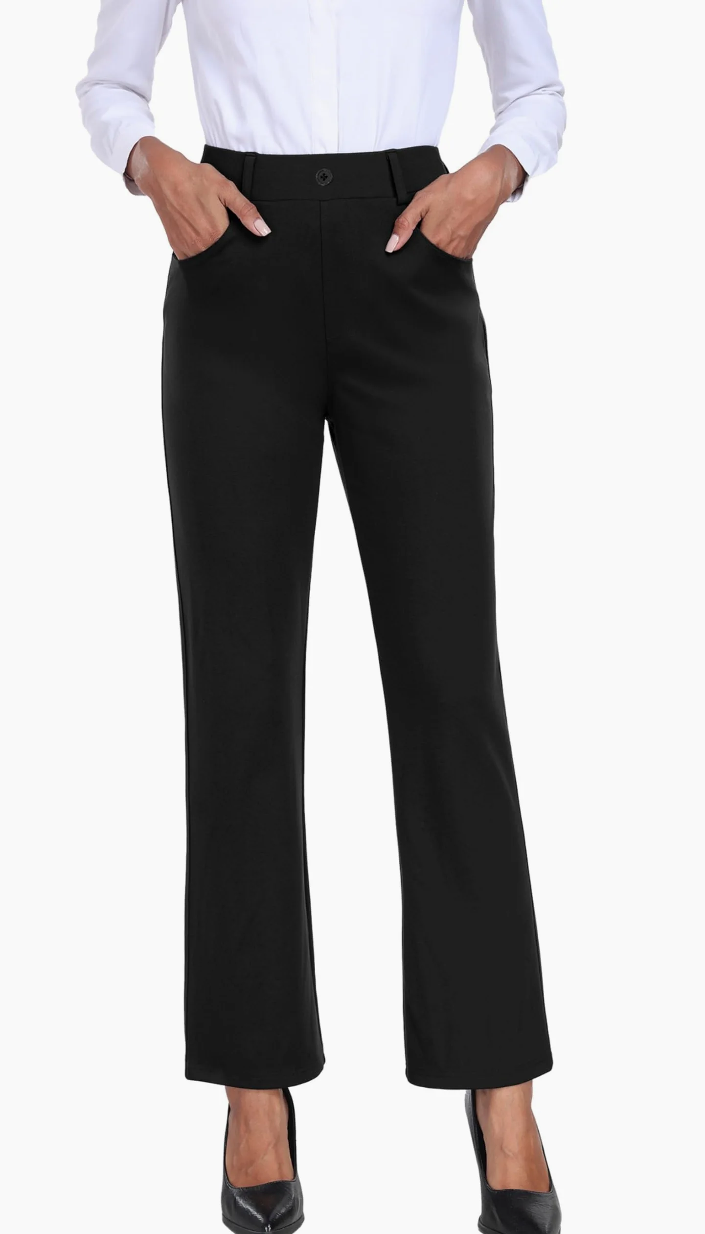 GRECERELLE Womens Work Trousers Office Smart Stretchy High Elasticated Waist Straight Leg Casual Yoga Pants for Women UK with Pockets Zipper