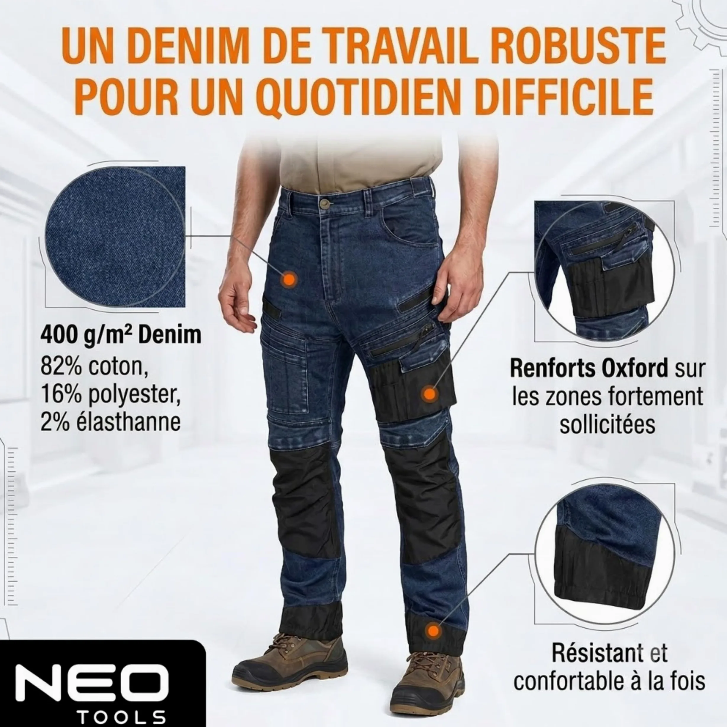 NEO TOOLS Pantalon de travail en jean robuste - Pantalon résistant pour homme en denim, 400 g/m², avec poches genouillères, renforts Oxford et stretch