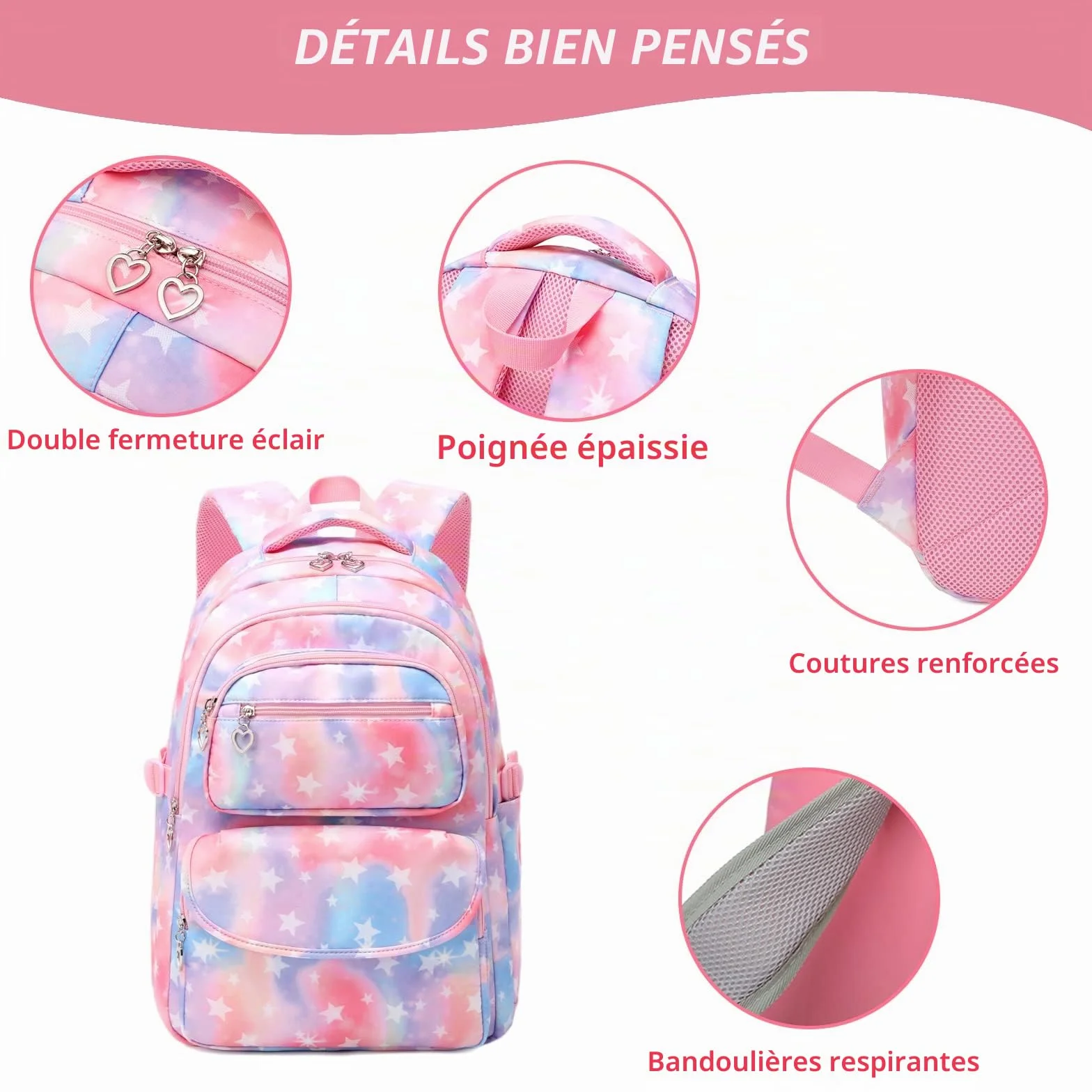 Tanou Sac a Dos Fille Primaire, 3 Pièces avec Trousse et Sac Isotherme, Cartable Enfant pour Scolaire Primaire, 22 Litres