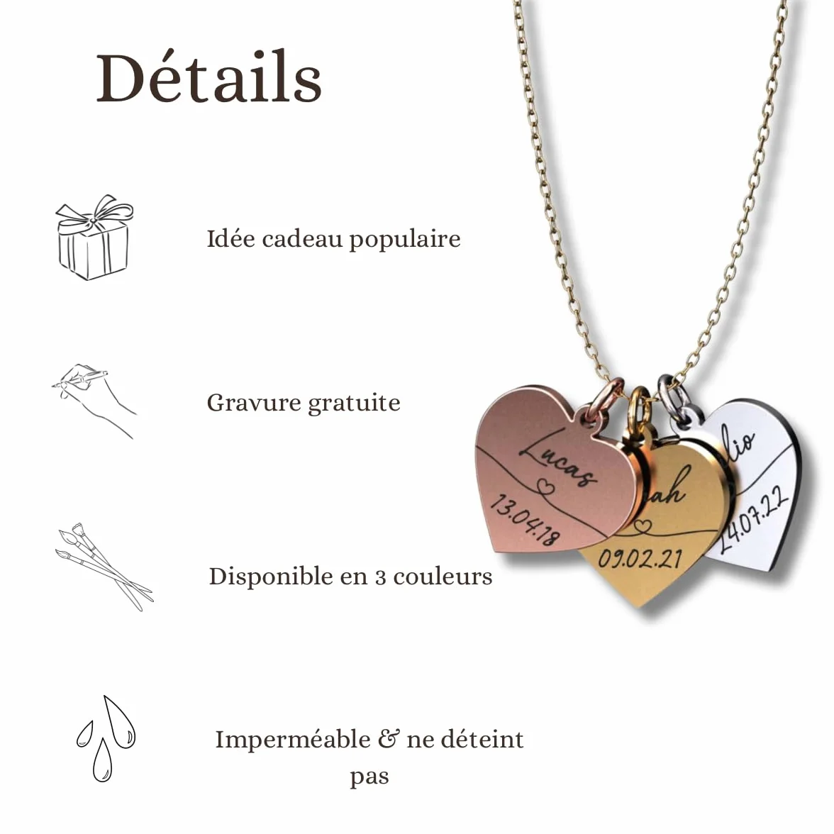 Generisch Collier personnalisé avec gravure | Cœurs avec nom et dates de naissance des enfants | Cadeau maman | Or, argent, or rose | Acier inoxydable étanche | Fabriqué en Allemagne