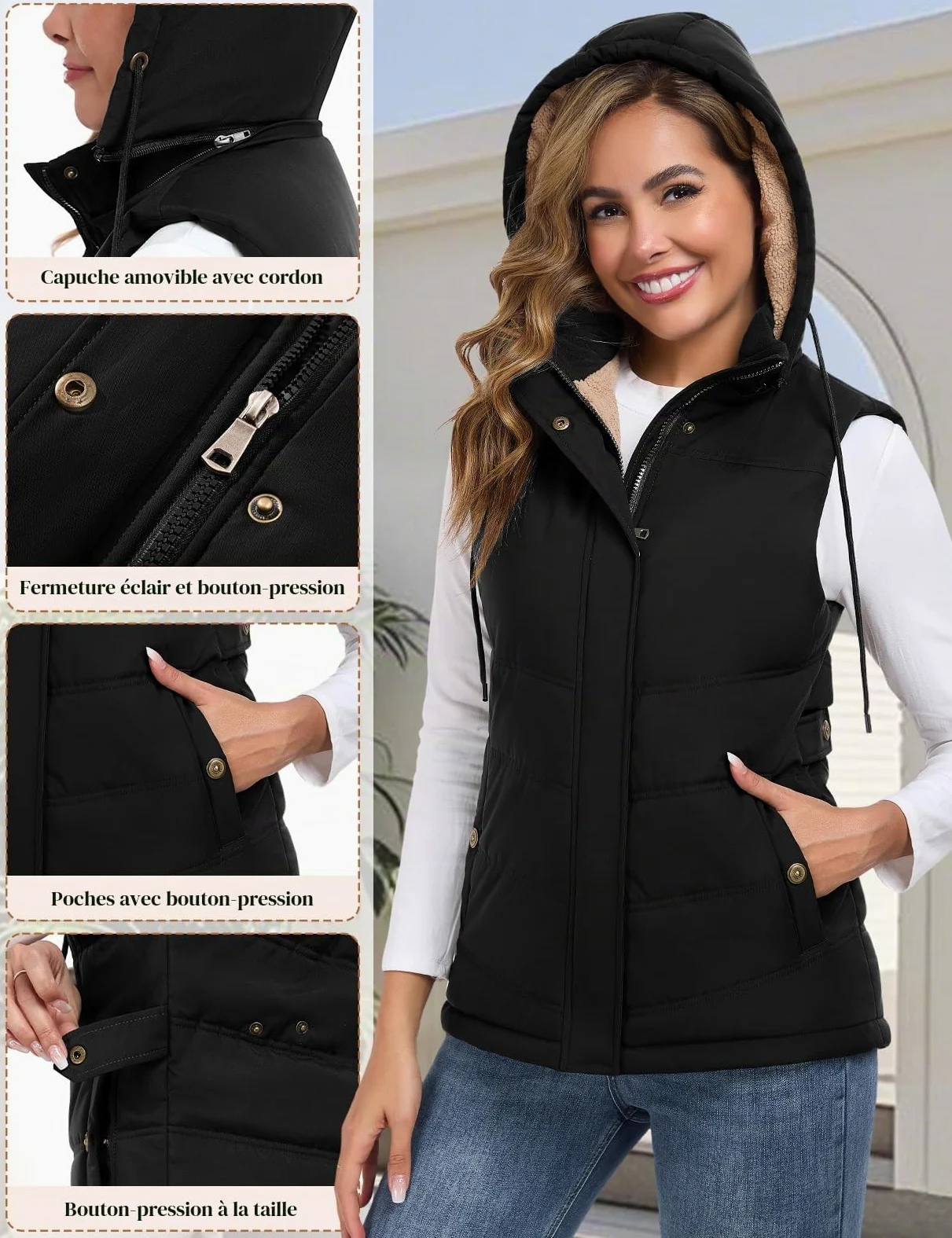 Tuopuda Manteau Femme sans Manche, Veste sans Manche Polaire Chaud Automne Hiver Gilet sans Manche à Capuche Amovible Hooded Coat Zippée Waistcoat avec Poches
