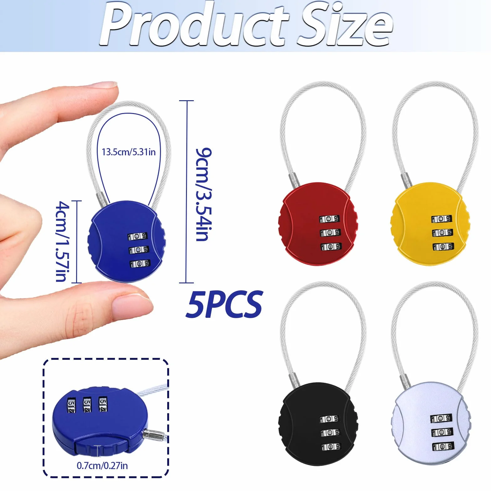 Cadenas à Combinaison 3 Chiffres, 5 Couleurs avec Aiguilles de Réinitialisation, Sécurité pour Casier Armoire Sac à Dos