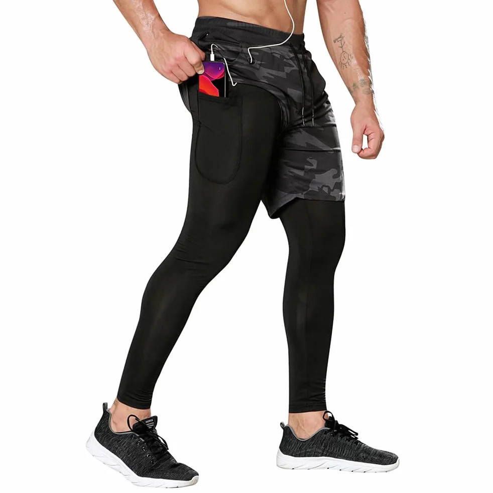 2 en 1 Legging Homme Sport Collant Pantalons de Compression à Séchage Rapide avec Poches Léger Respirant Legging de Sport pour Course Gym Jogging Fitness Base Layer
