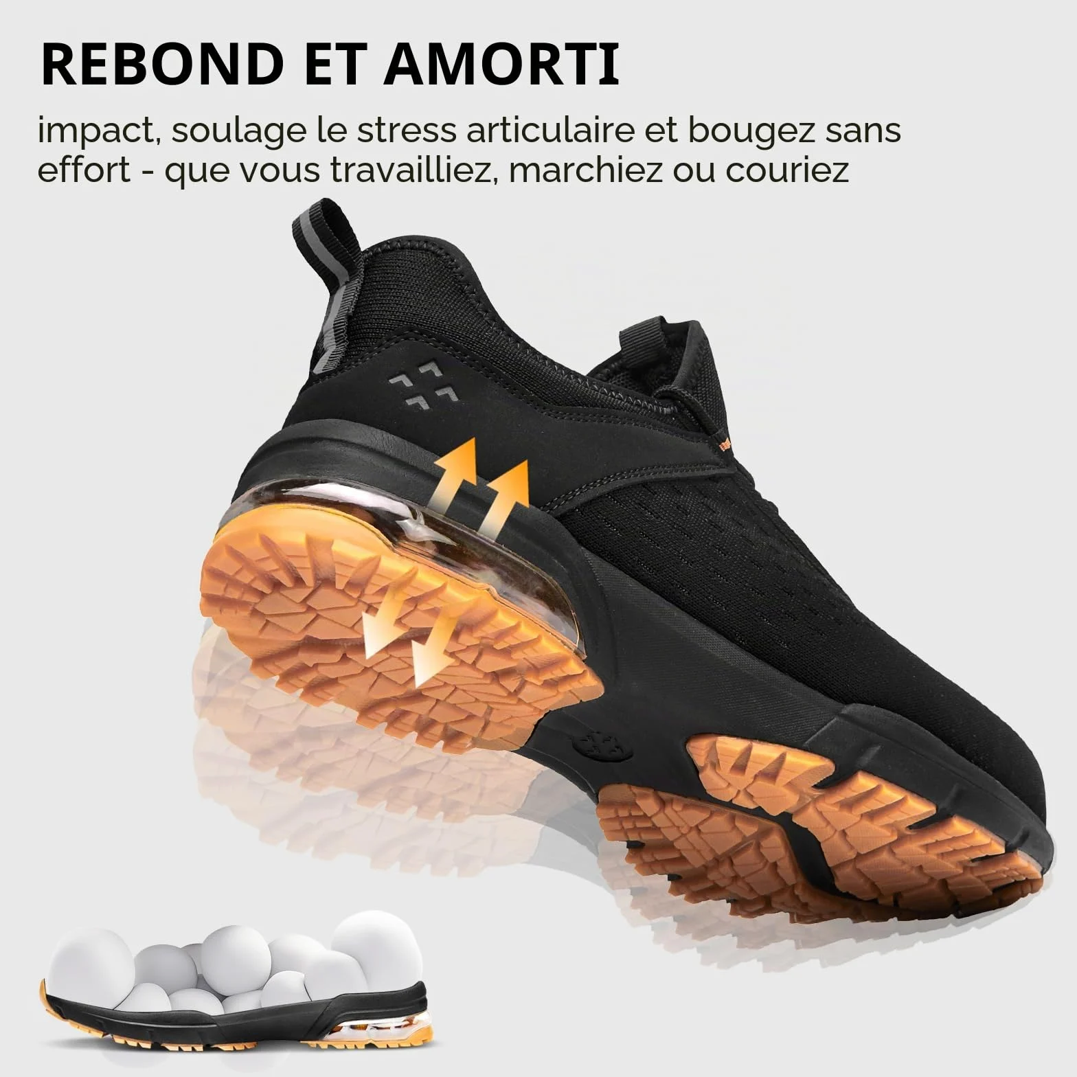 SPIEZ Chaussures de sécurité pour Hommes et Femmes - Embout Composite Non métallique à Coussin d'air, Design de Chaussure de Mode légère, enfilage Mains Libres, Noir Orange EU 36-46