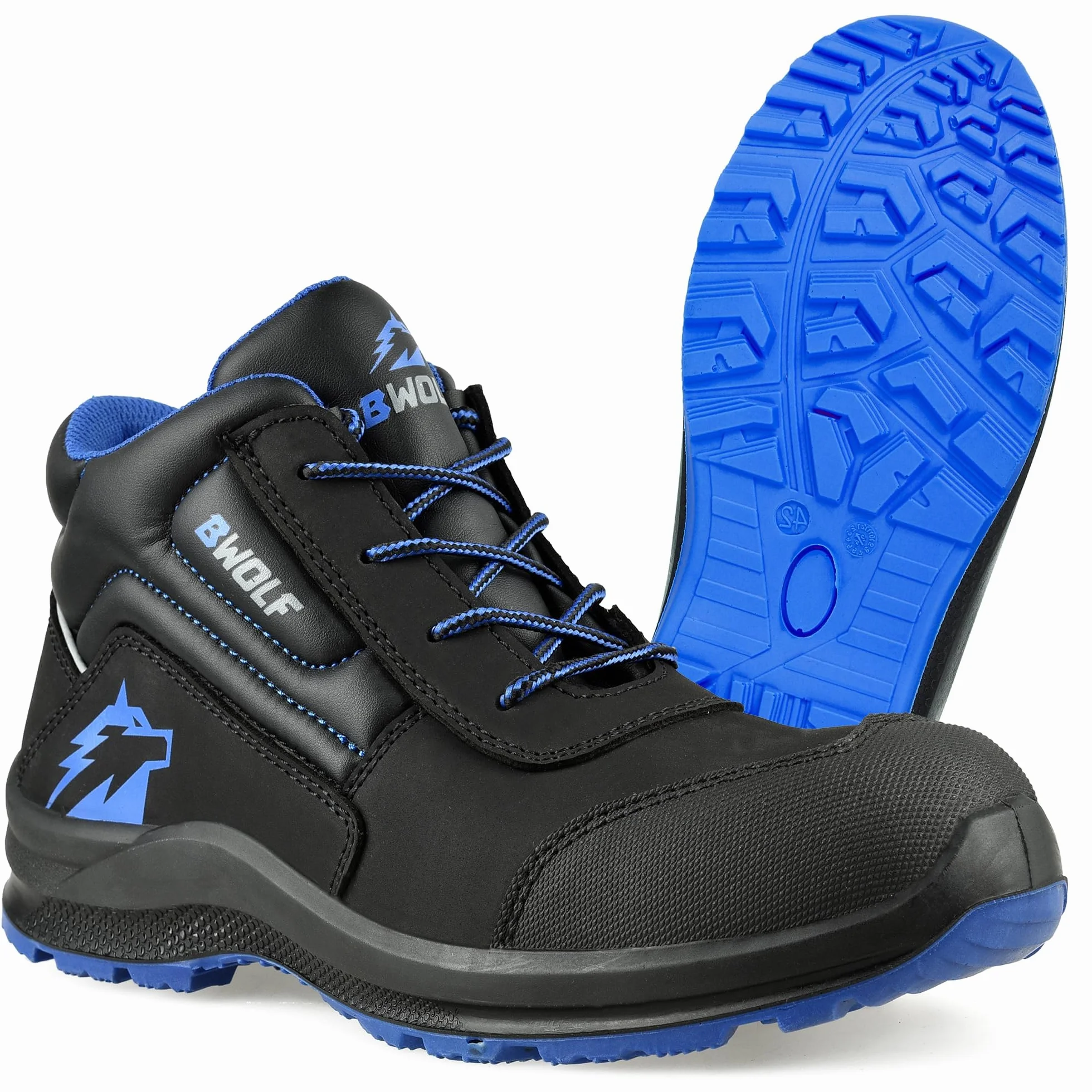 BWOLF Spire S3 Chaussures De Travail Homme Hautes Chaussure De Securite Femmes Unisex, Imperméables, Résistantes À l'huile, 4x4 Grip, Bleu Noir Haut, 44 EU