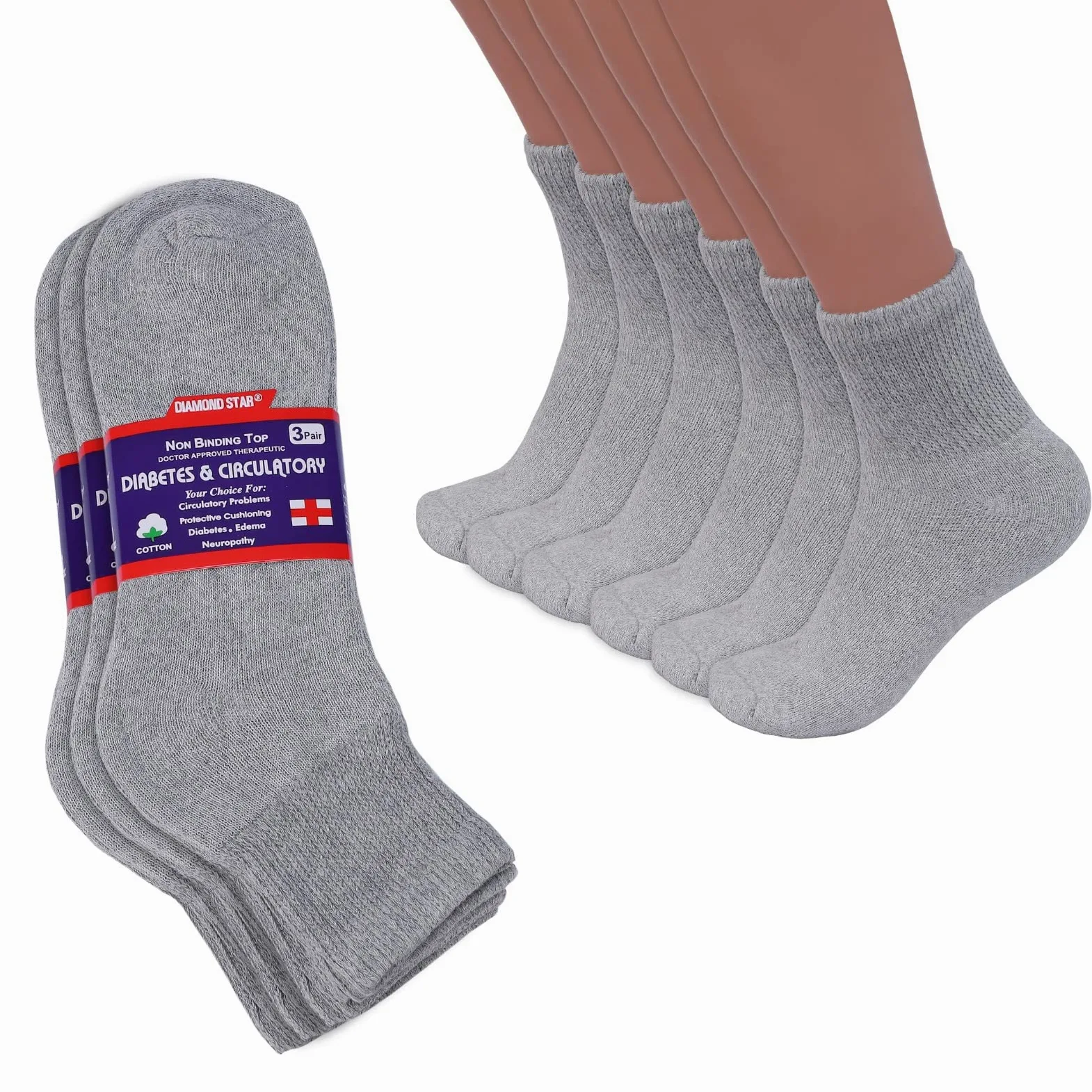 Lot de 3/6/12 paires de chaussettes diabétiques en coton non contraignantes avec semelle rembourrée, douces et respirantes