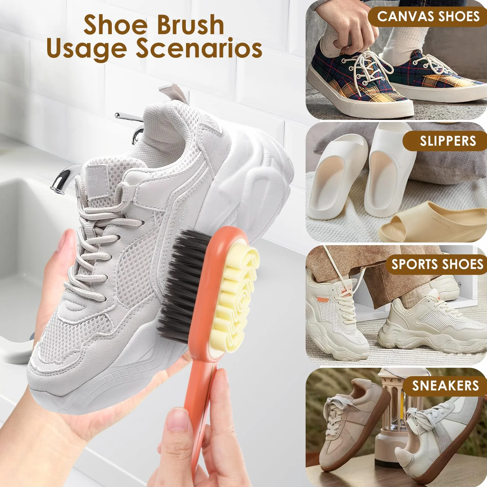 Simpeak Brosse à Chaussures Double Face 2 en 1, Brosse en Daim Nubuck, Long Manche ABS, Orange