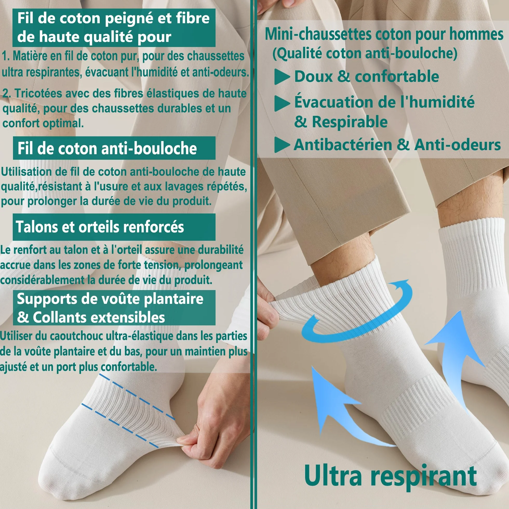 MAGIARTE Chaussettes Athlétiques Homme Coton Mini-Crew Respirantes Anti-Odeur avec Soutien de la Voûte Plantaire pour Course à Pied - Lot de 6 Paires