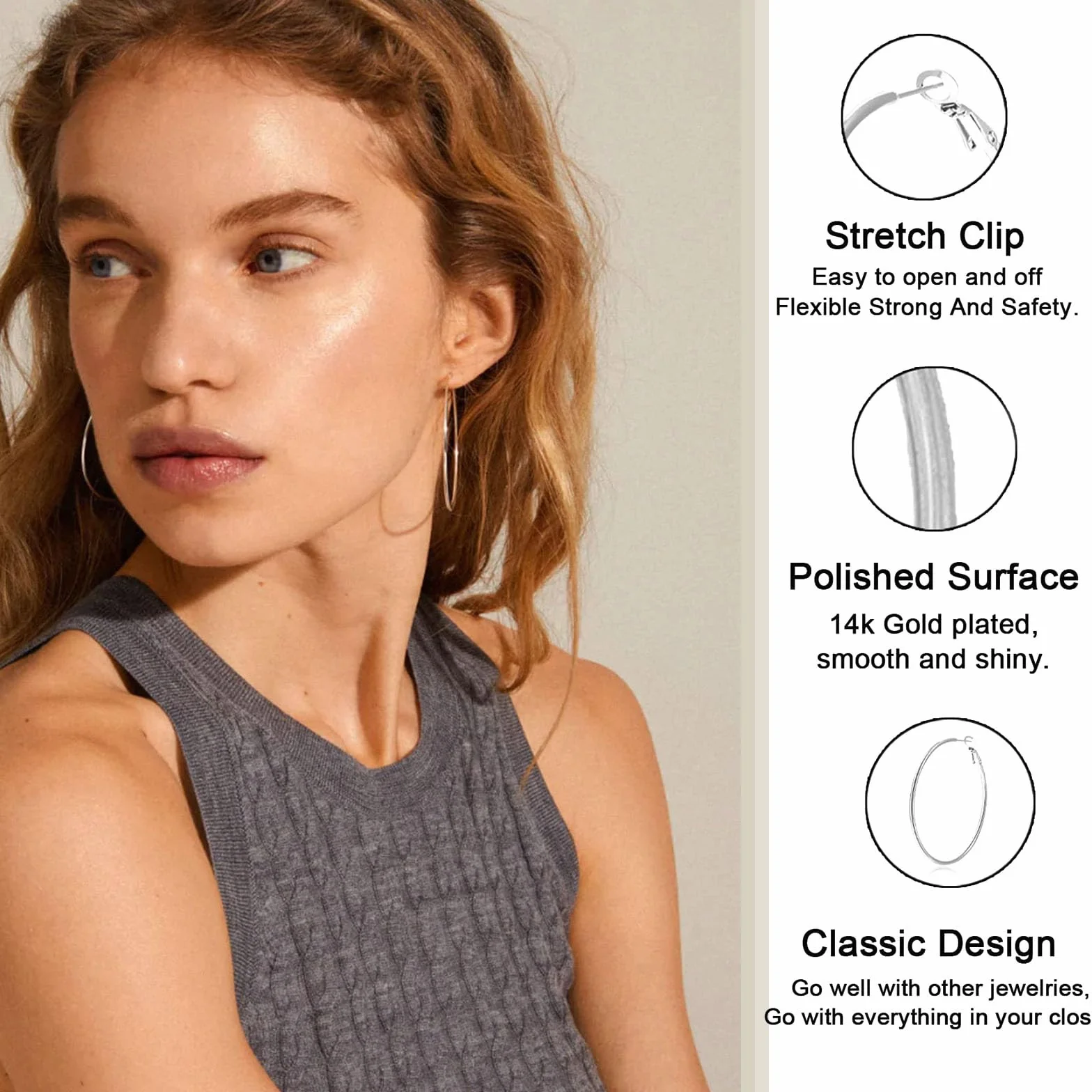grandes boucles d'oreilles créoles en acier inoxydable, 5 Pairs Boucles d'Oreilles Femme Acier Inoxydable Creoles Argent Boucles d'Oreilles, Cercles hypoallergéniques (30/40/50/60/70 mm)