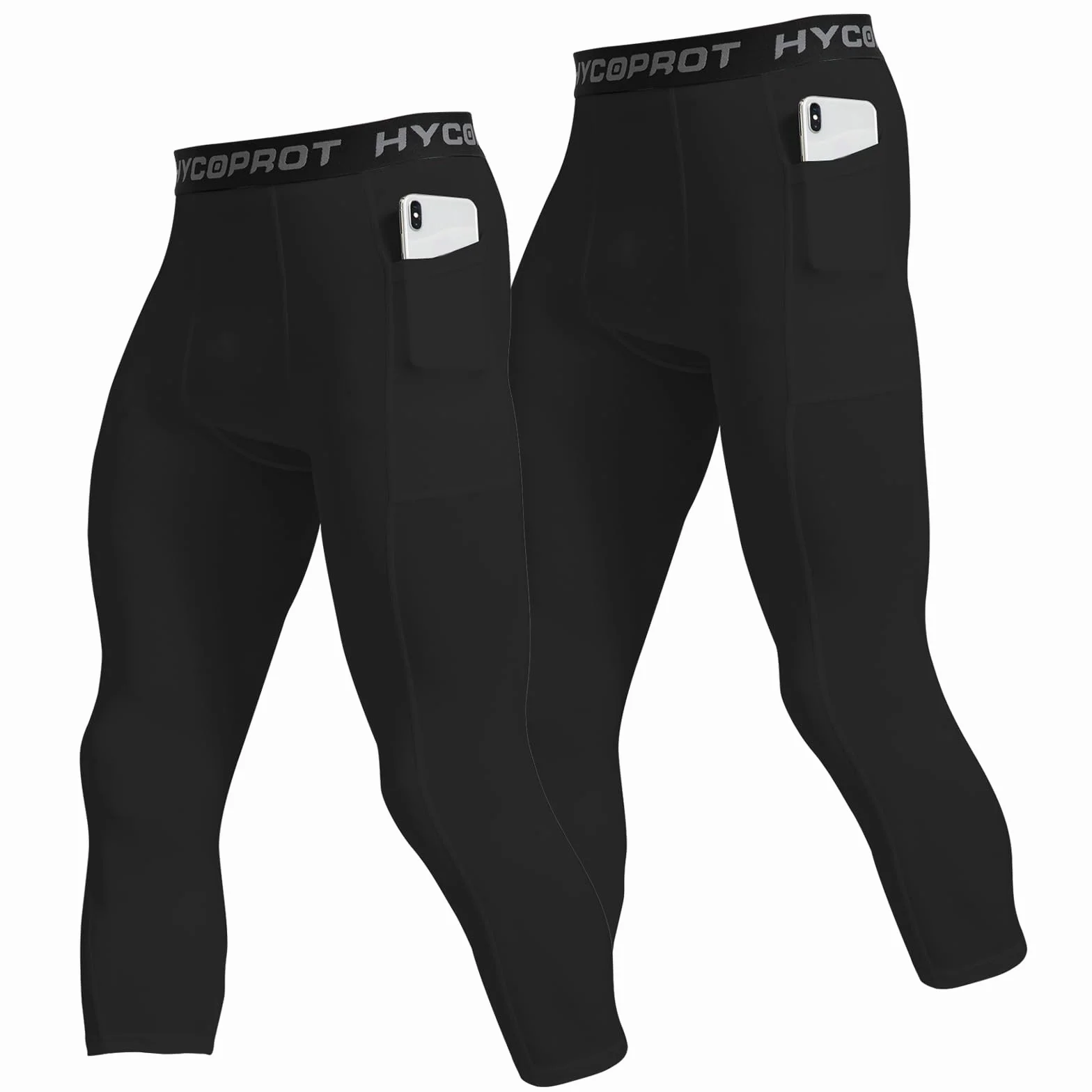 HYCOPROT Homme 3/4 Pantalon de Compression avec Poches Séchage Rapide Leggings de Sport Pantalon de Base Layer Collant pour Basketball Fitness Jogging