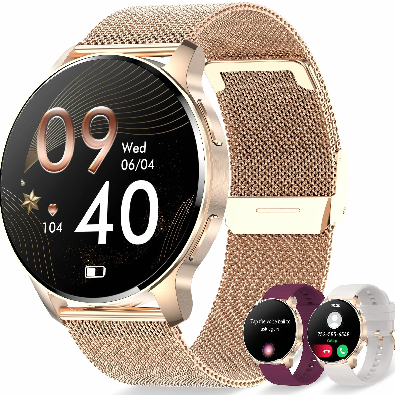 Montre Connectée Femme Appel Bluetooth et Assistant AI Notification Intelligente Smartwatch Fréquence Cardiaque Sommeil Étanche Tracker d'activité Podomètre 3 Bracelets Montre Sport pour Android iOS
