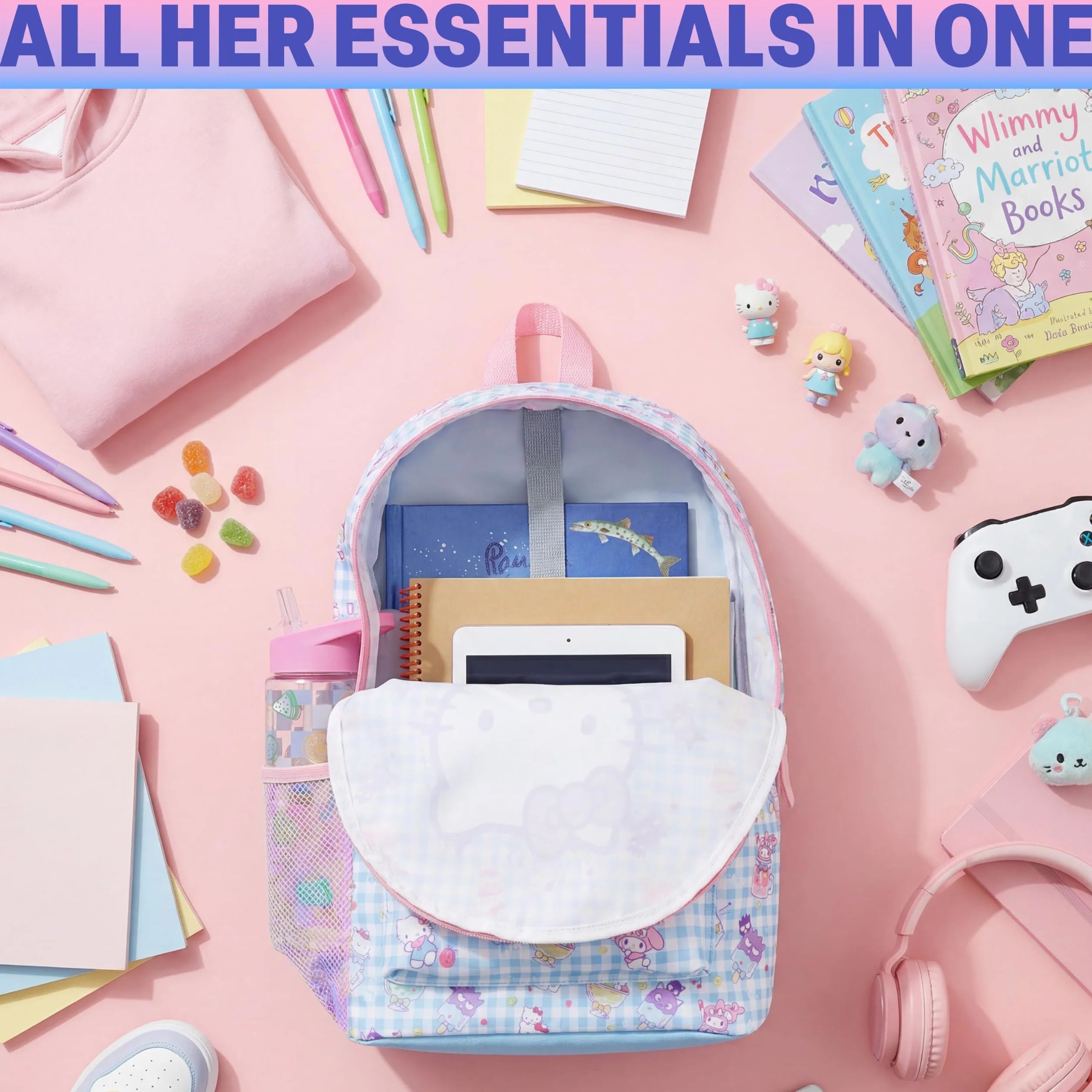 Sac à Dos Fille Hello Kitty Sanrio avec Gourde 500ml Sans BPA, Cartable Enfant Cadeau Fille