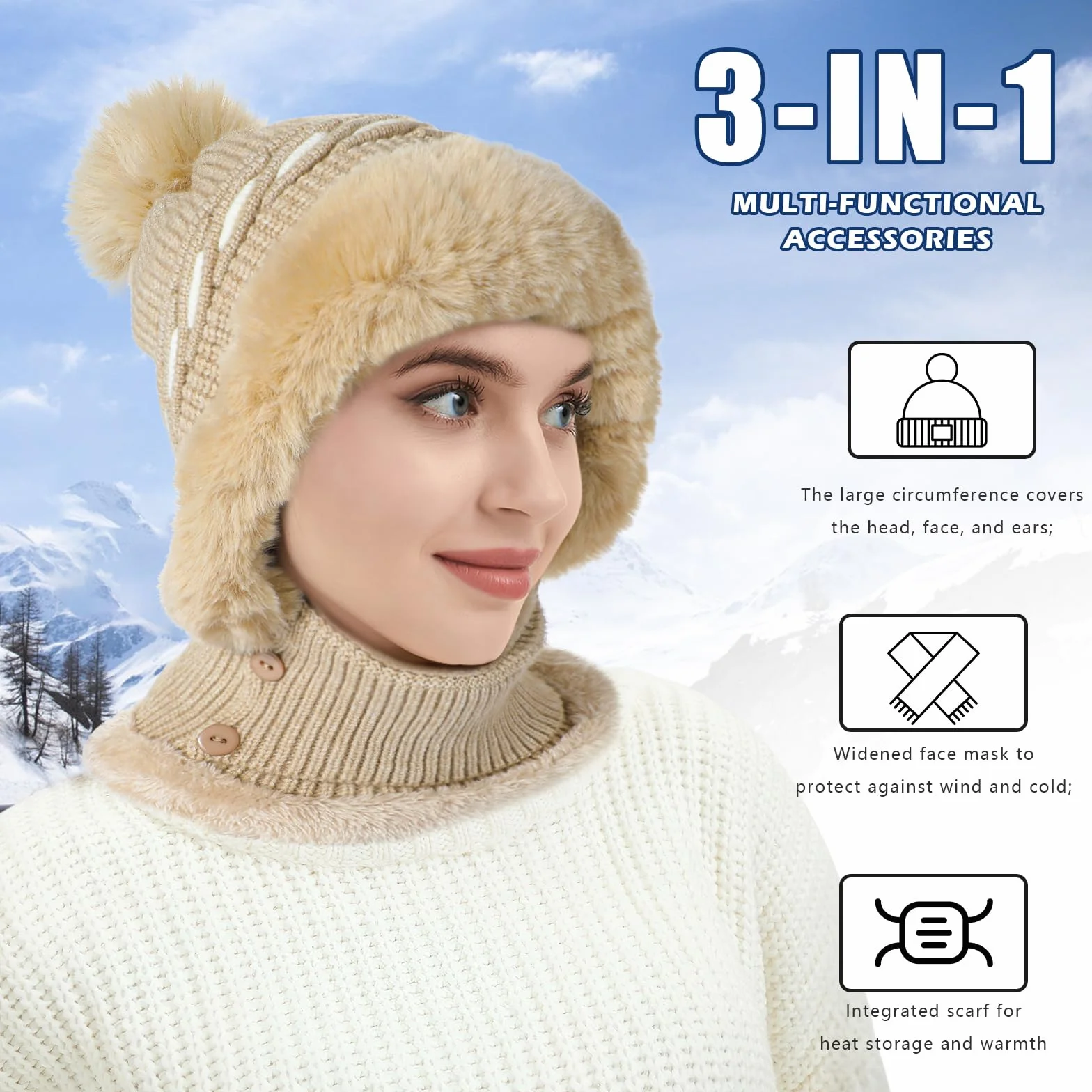 TAGVO Balaclava en Tricot avec Cache-Cou Masque Facial Réglable pour Les Femmes, Hiver Chaud Tricoté Bonnet Et Ensembles De Cache-Cou, Cagoule Tricoté Cache Cou Cache Oreille avec Pompon
