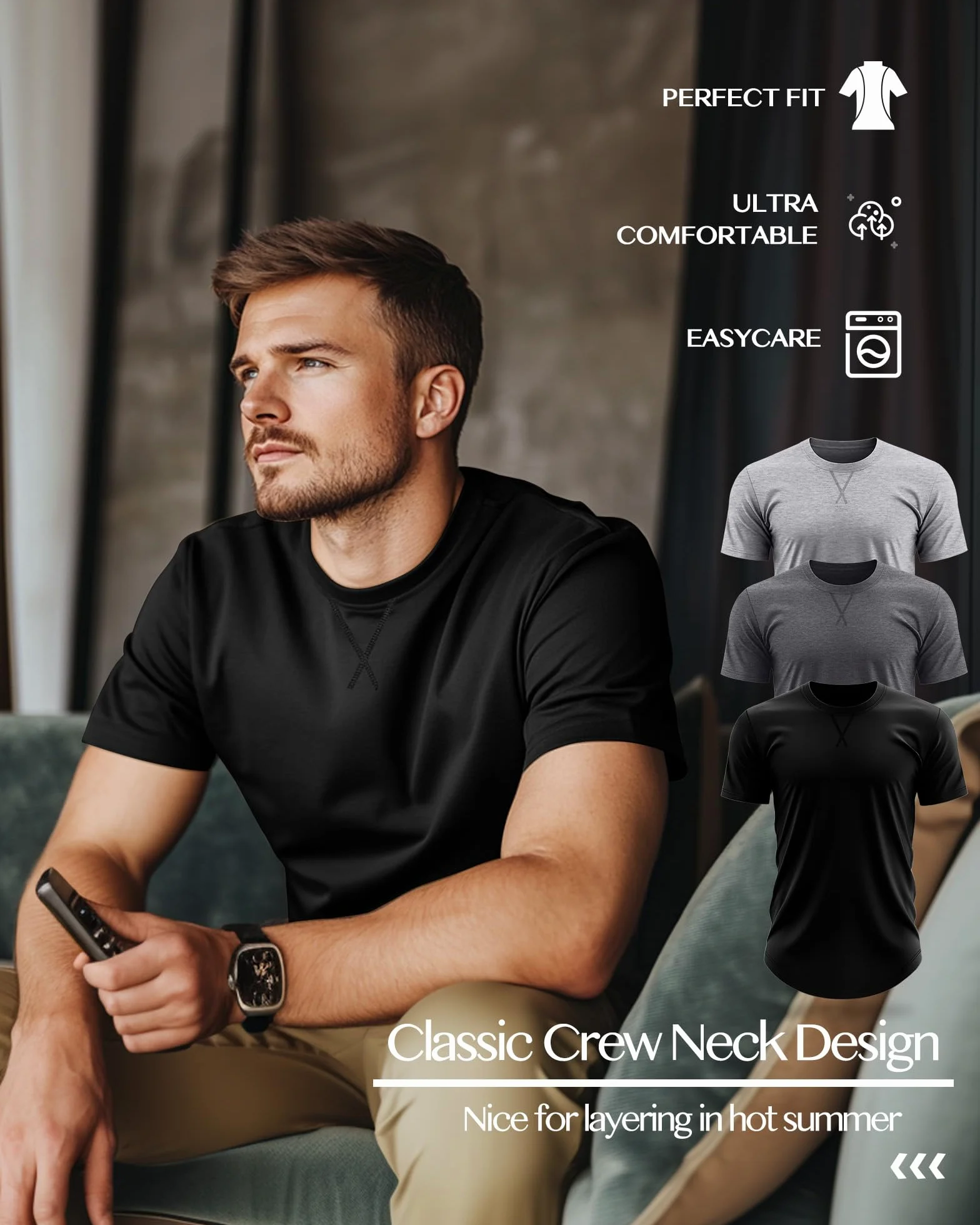Neer Lot de 3 t-shirts grands et grands en coton à manches courtes et col rond pour homme, grande taille, hauts hipster, longline