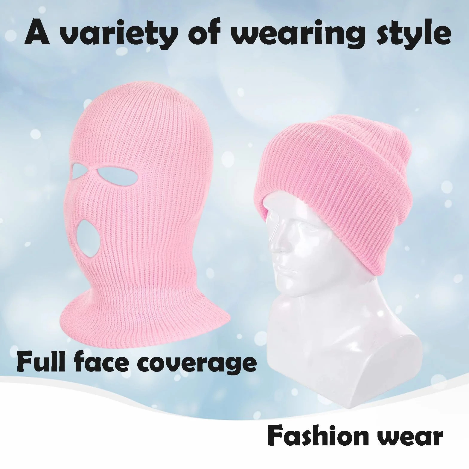 Masque de ski, cagoule avec trois ouvertures, masque de ski respirant pour les sports d'hiver et la moto, cagoule tricotée en deux pièces en noir et rose clair