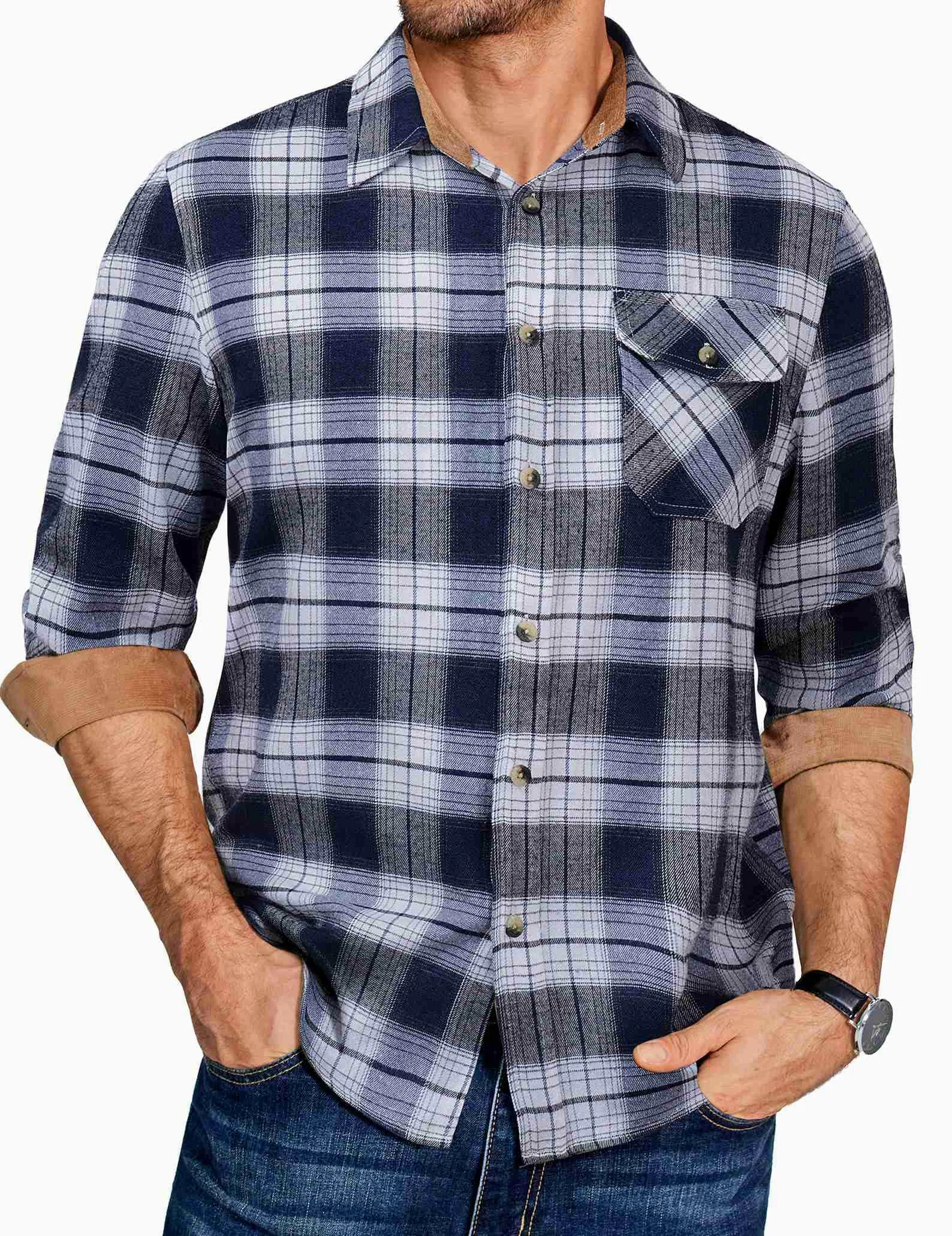 COOFANDY Chemise à carreaux décontractée boutonnée à manches longues en flanelle pour homme avec poche