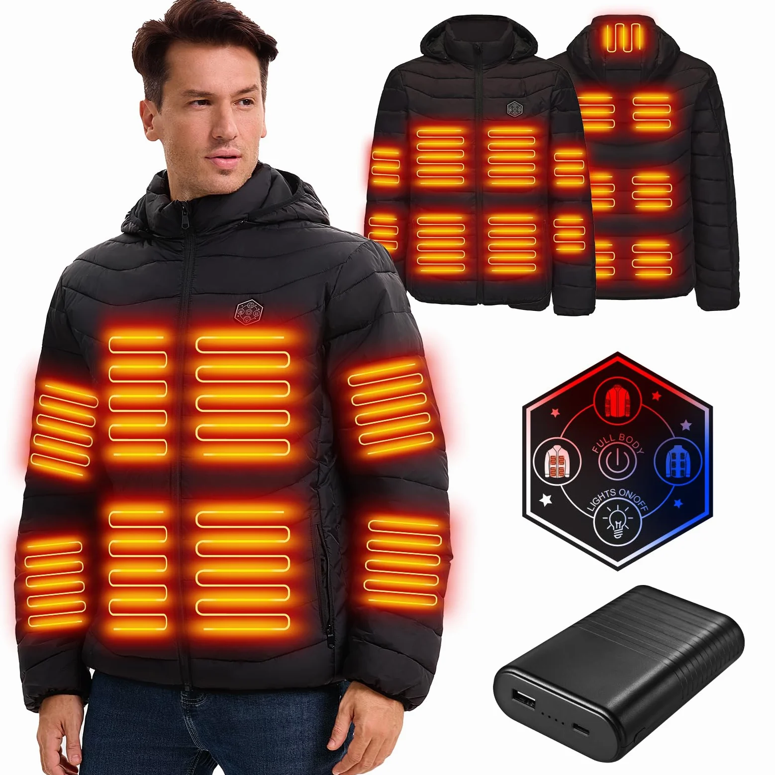 Veste Chauffante Homme Avec Batterie 16000 mah,Gilet Chauffant Homme avec 15 Zones de Chauffage,Veste Imperméable Coupe-vent pour Camping, Ski