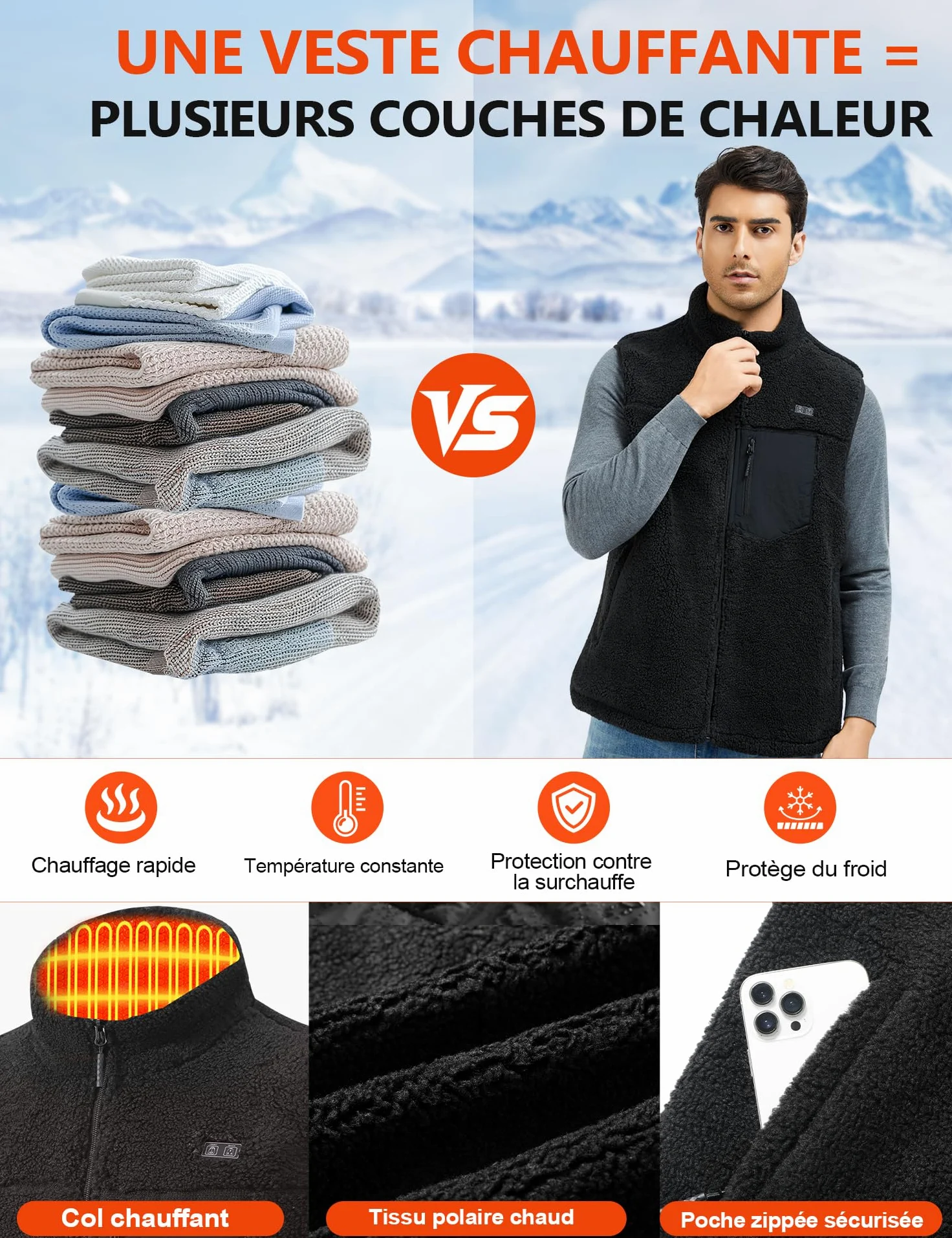 Gilet Chauffant Homme avec Batterie 18400mAh 7,4 V，Polaire Gilet Chauffant, 8 Zones Chauffantes Lavable Veste Chauffante Électrique Hiver