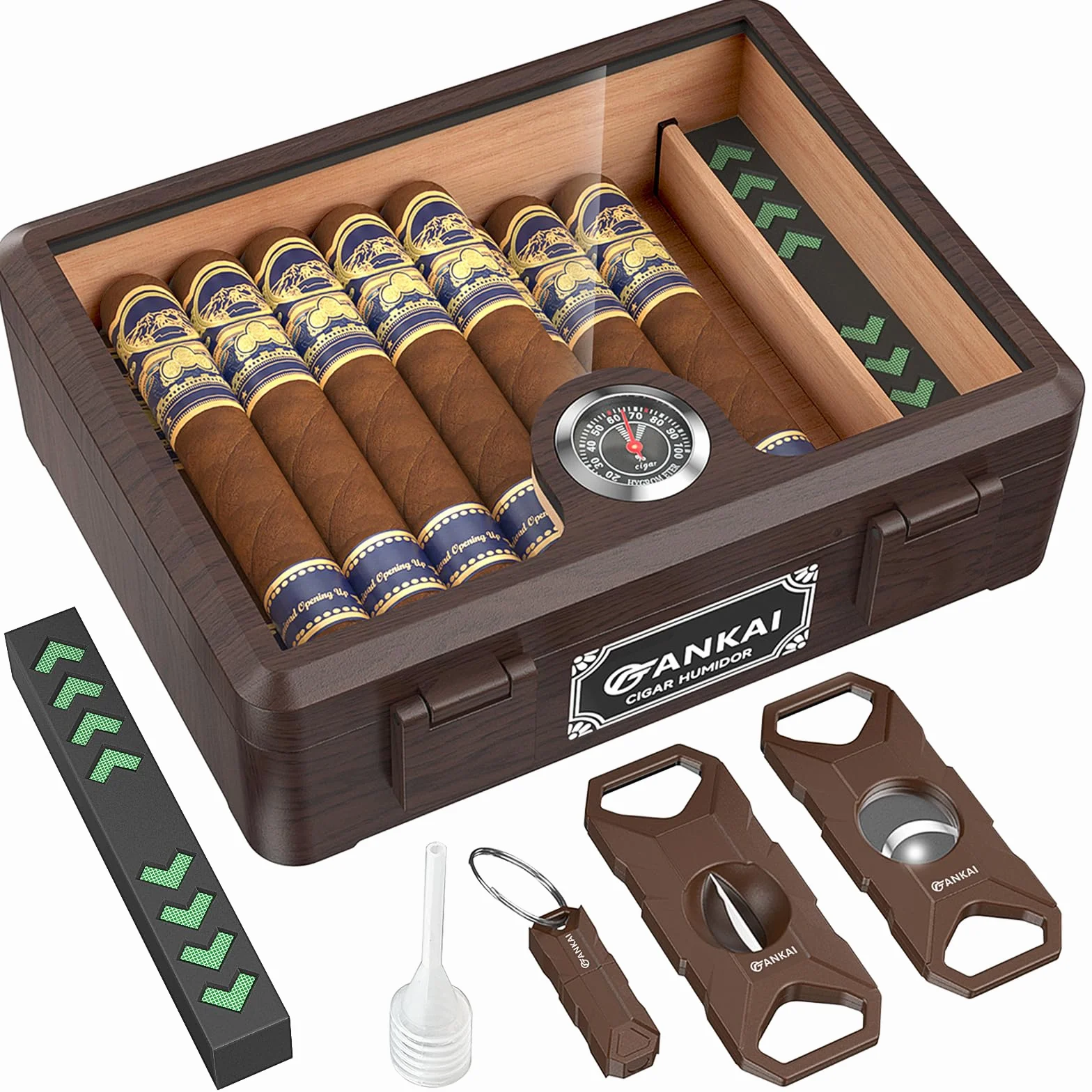 Cave à cigares, étui à cigares avec couvercle en verre, coupe-cigares droit et guillotine, outil de coupe en V, intérieur en cèdre espagnol, boîte de rangement incassable avec humidificateur et hygrom