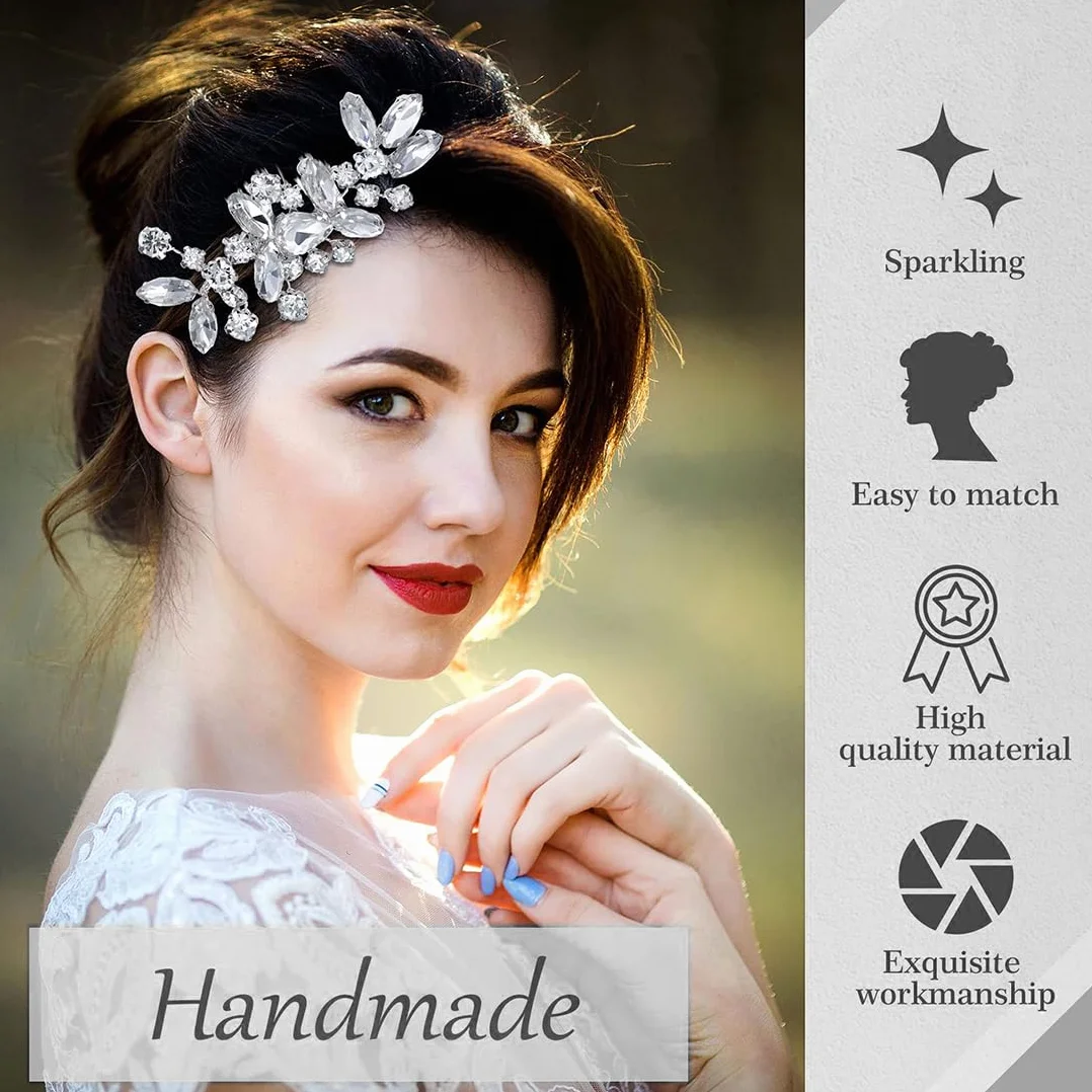 Peigne à cheveux pour femme avec strass et perles, motif feuilles argentées - Accessoire de mariage pour femme - Accessoire de coiffure en cristal - Coiffe de fête pour mariée