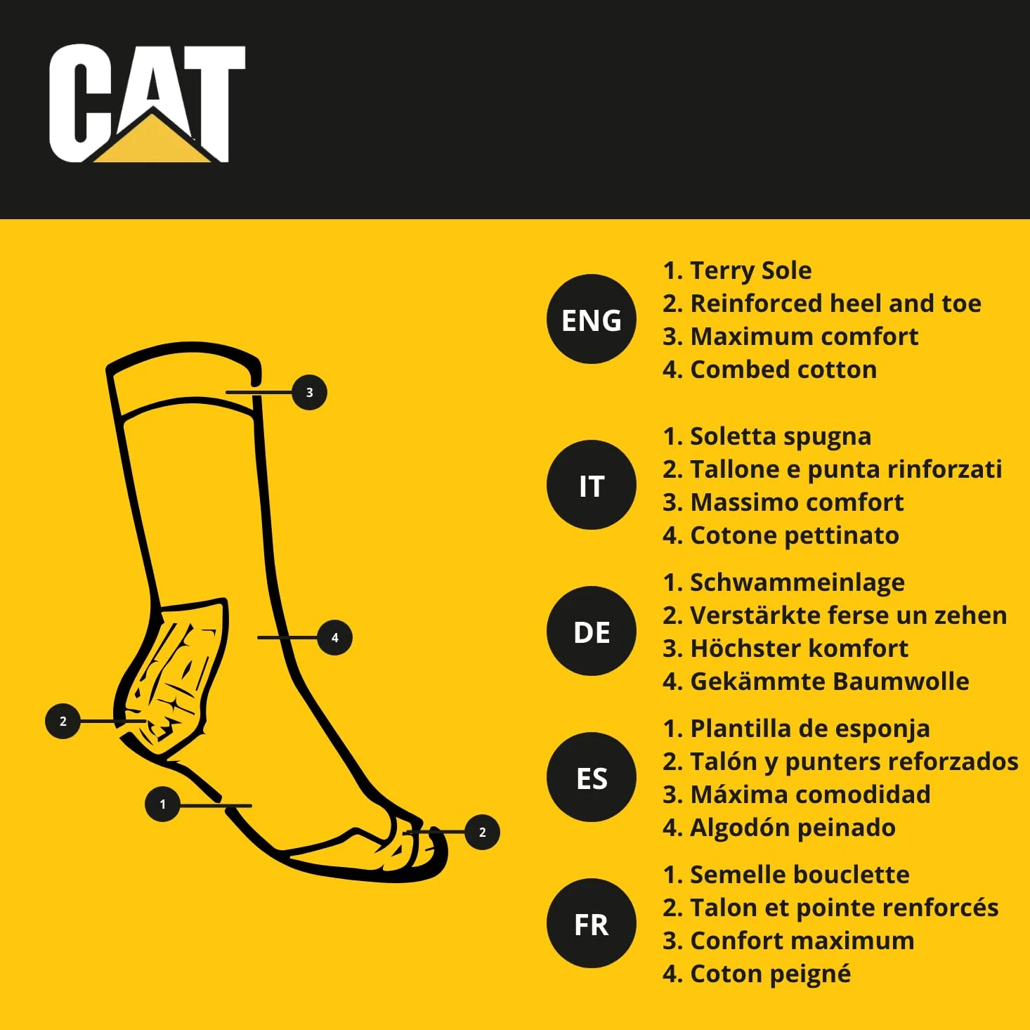 Caterpillar 4 Paires Chaussettes Longues Travail Hommes - Renforcées Talon et Pointe - Coton