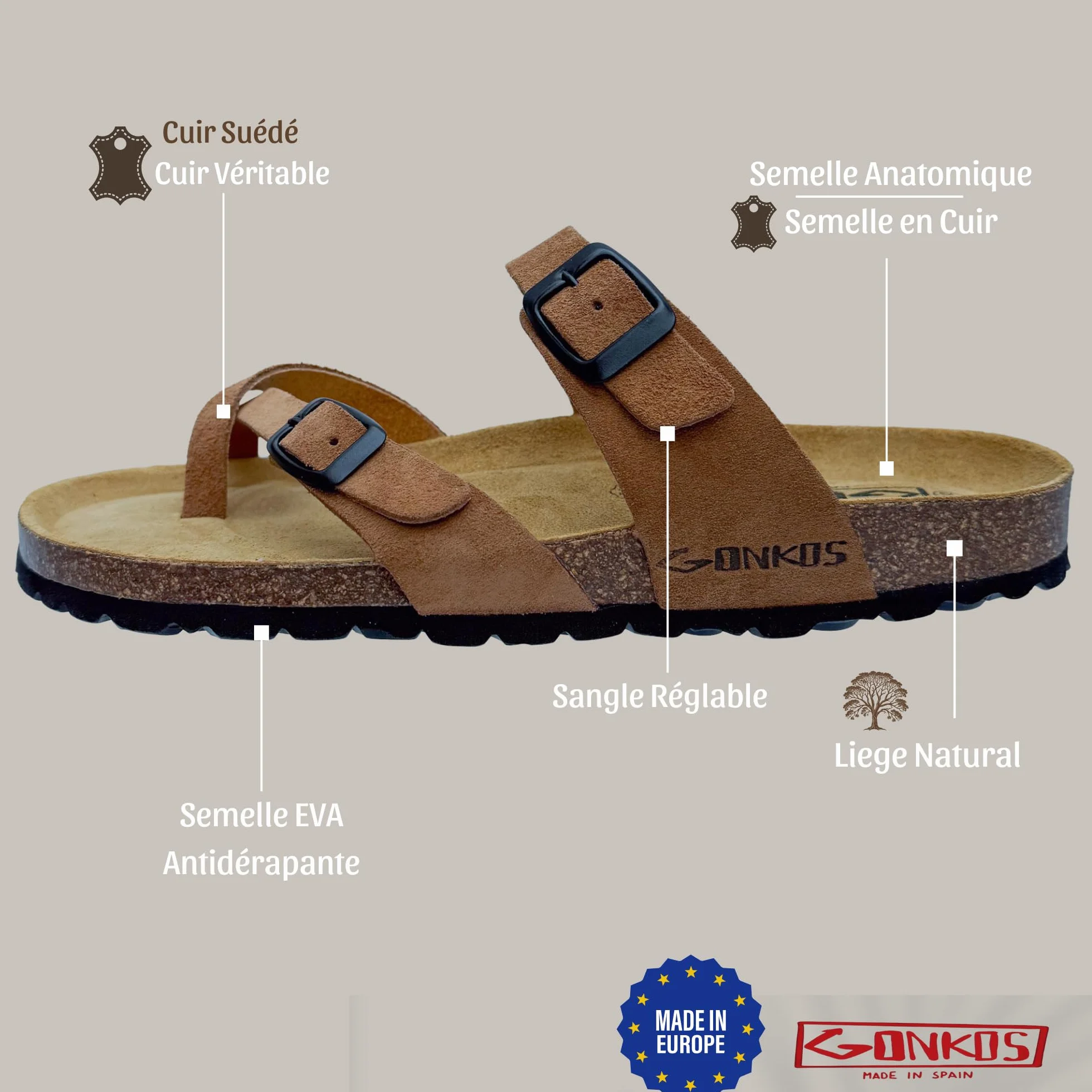 Sandales Tongs en cuir, Semelle intérieure anatomique en liège, Cuir véritable, Liège naturel, Boucle réglable, Tongs unisexe, Sandales de qualité fabriquées en Espagne