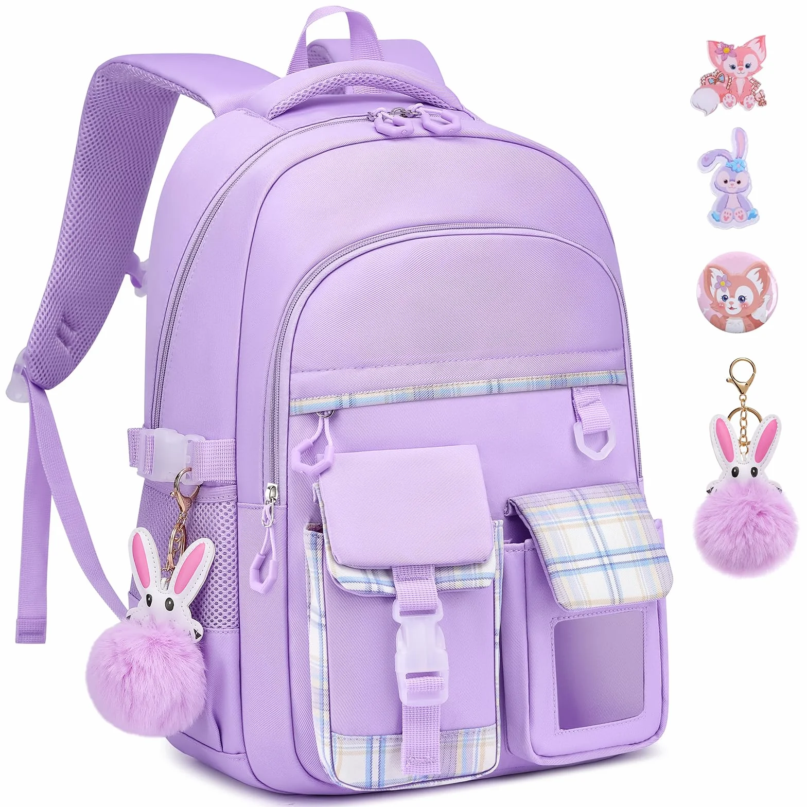 Cartable Fille Primaire, Kawaii Sac a Dos, Avec compartiment pour ordinateur portable pour Enfants de 6 à 12 Ans, Lila